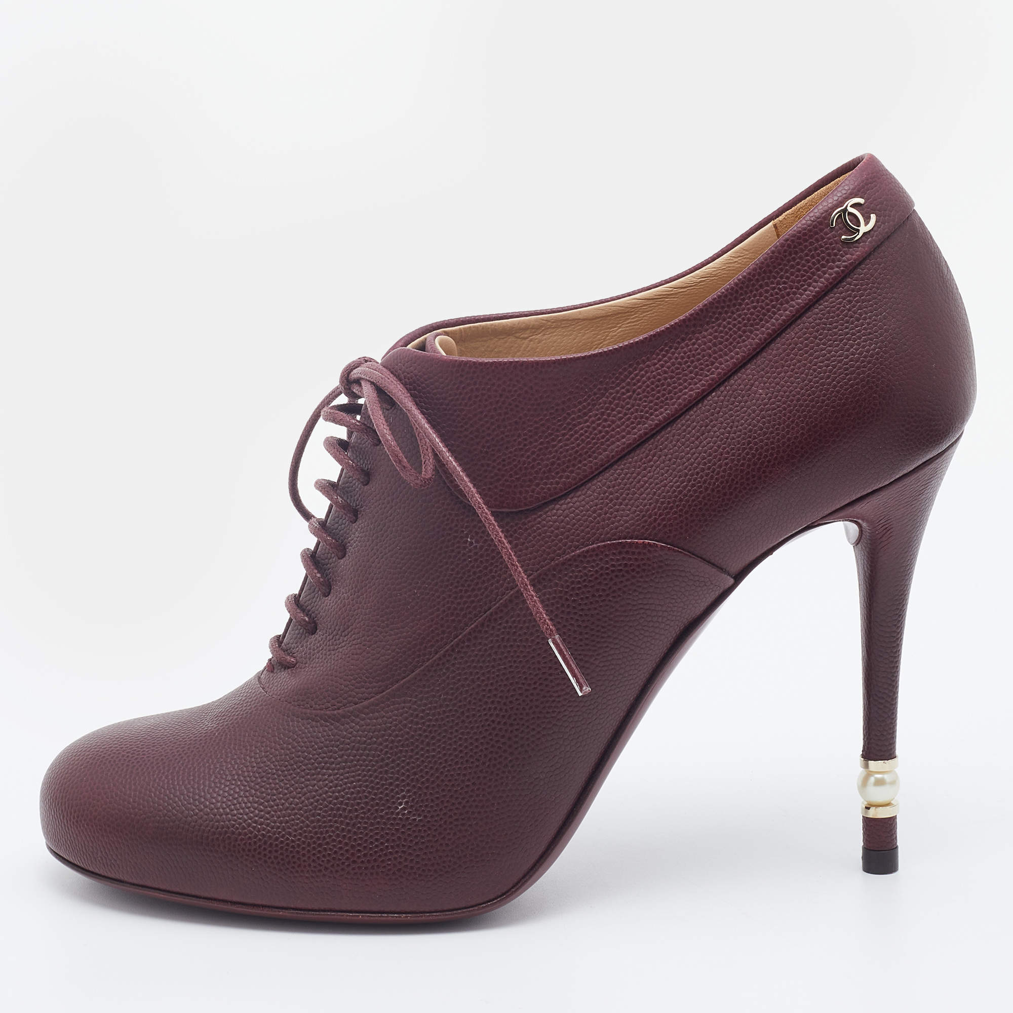 Chanel Burgundy Leather CC Lace Up Booties Size 38