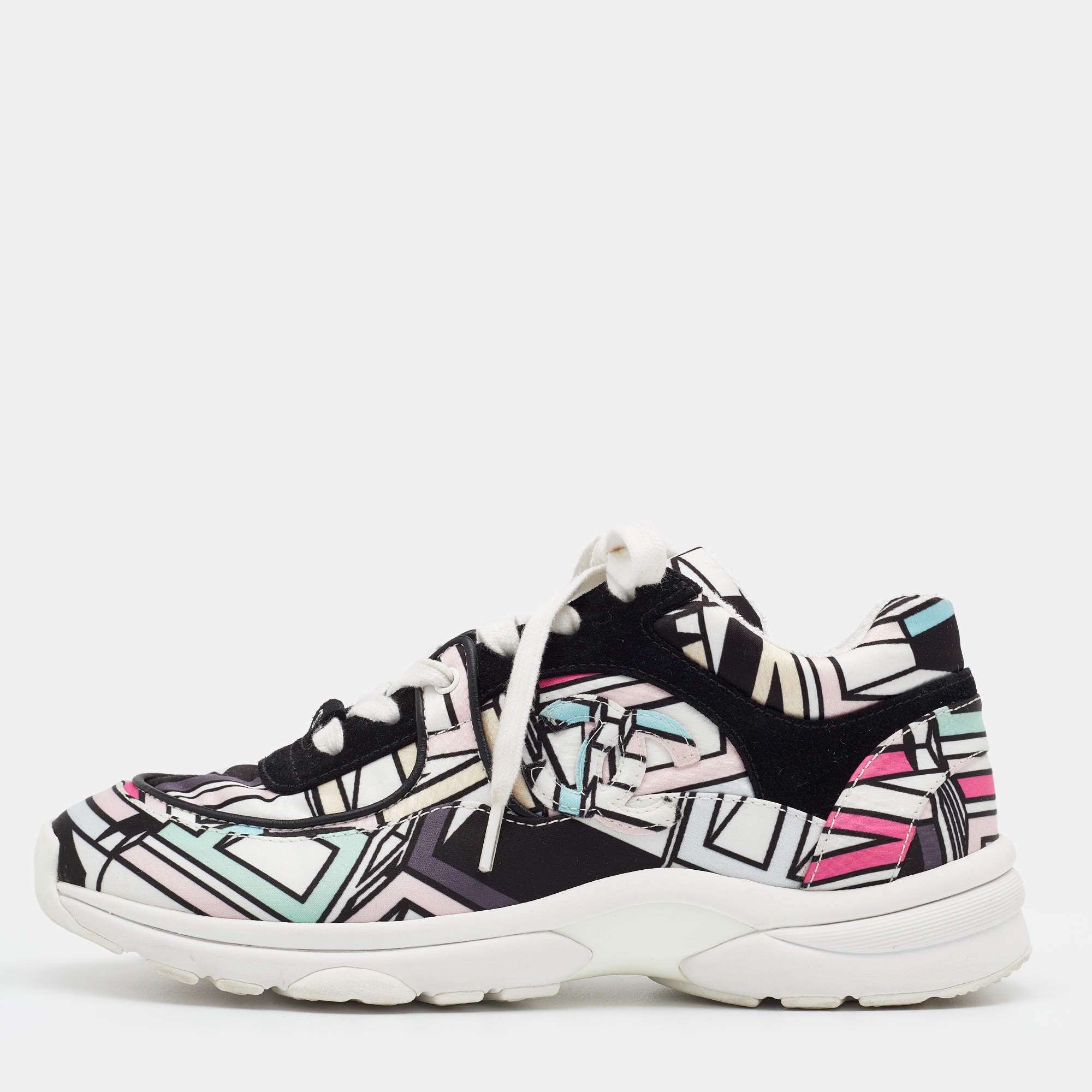 Pre Owned Chanel Multicolor Abstract Print Satin And Suede CC Logo Trainer Low Top Sneakers Size 37