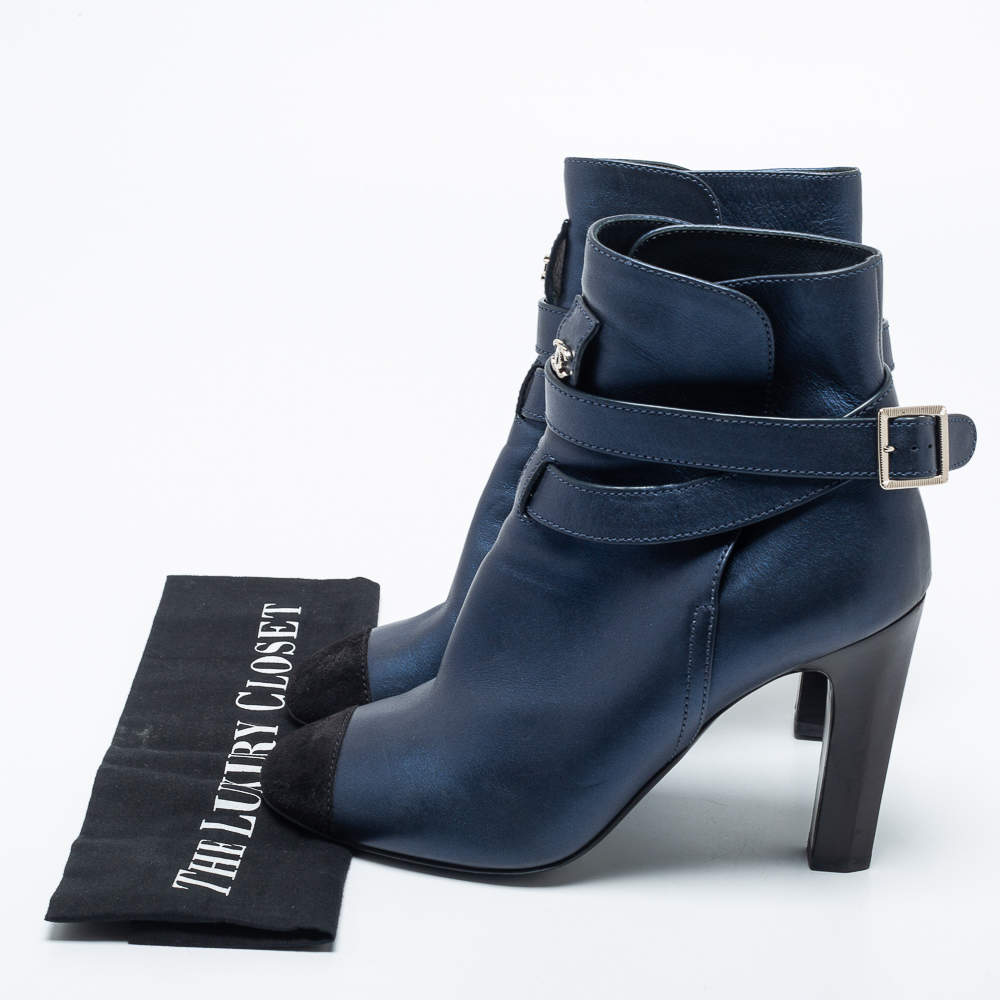 Chanel Navy Blue/Black Suede And Leather Ankle Boots Size 41 Chanel