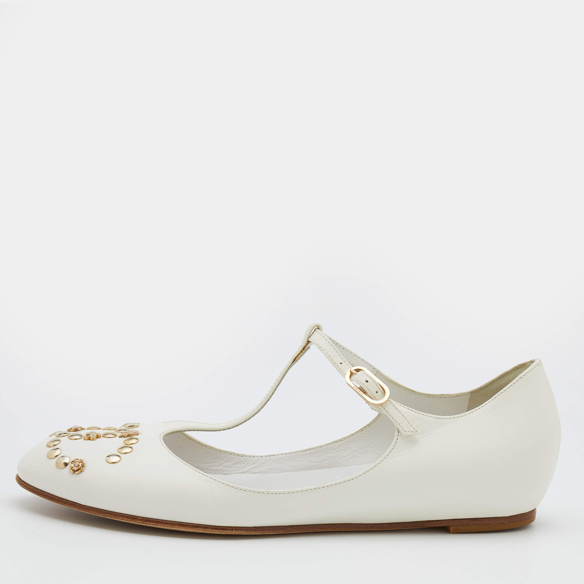Pre Owned Chanel White Leather CC Embellished T Strap Ballet Flats Size 38