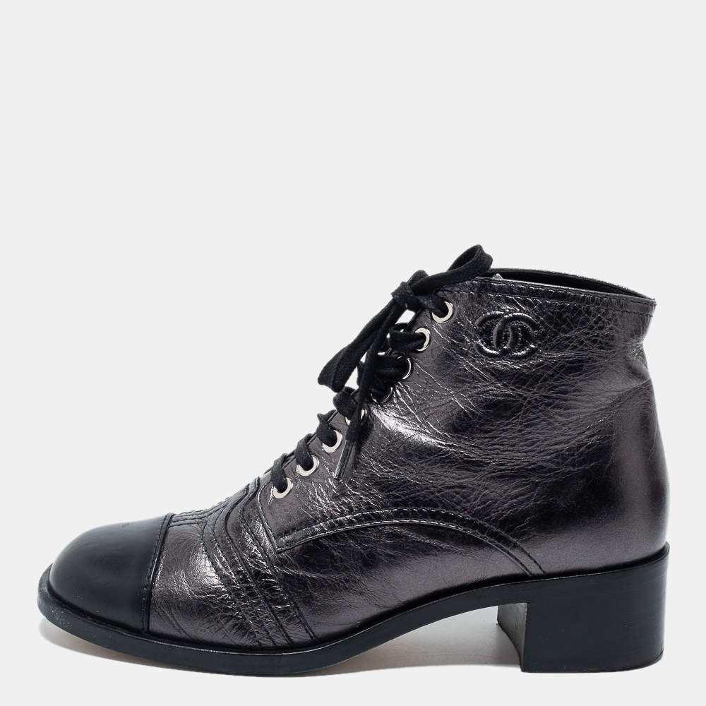 Chanel Dark Grey/Black Leather Cap Toe Lace Up Ankle Length Boots Size 37.5