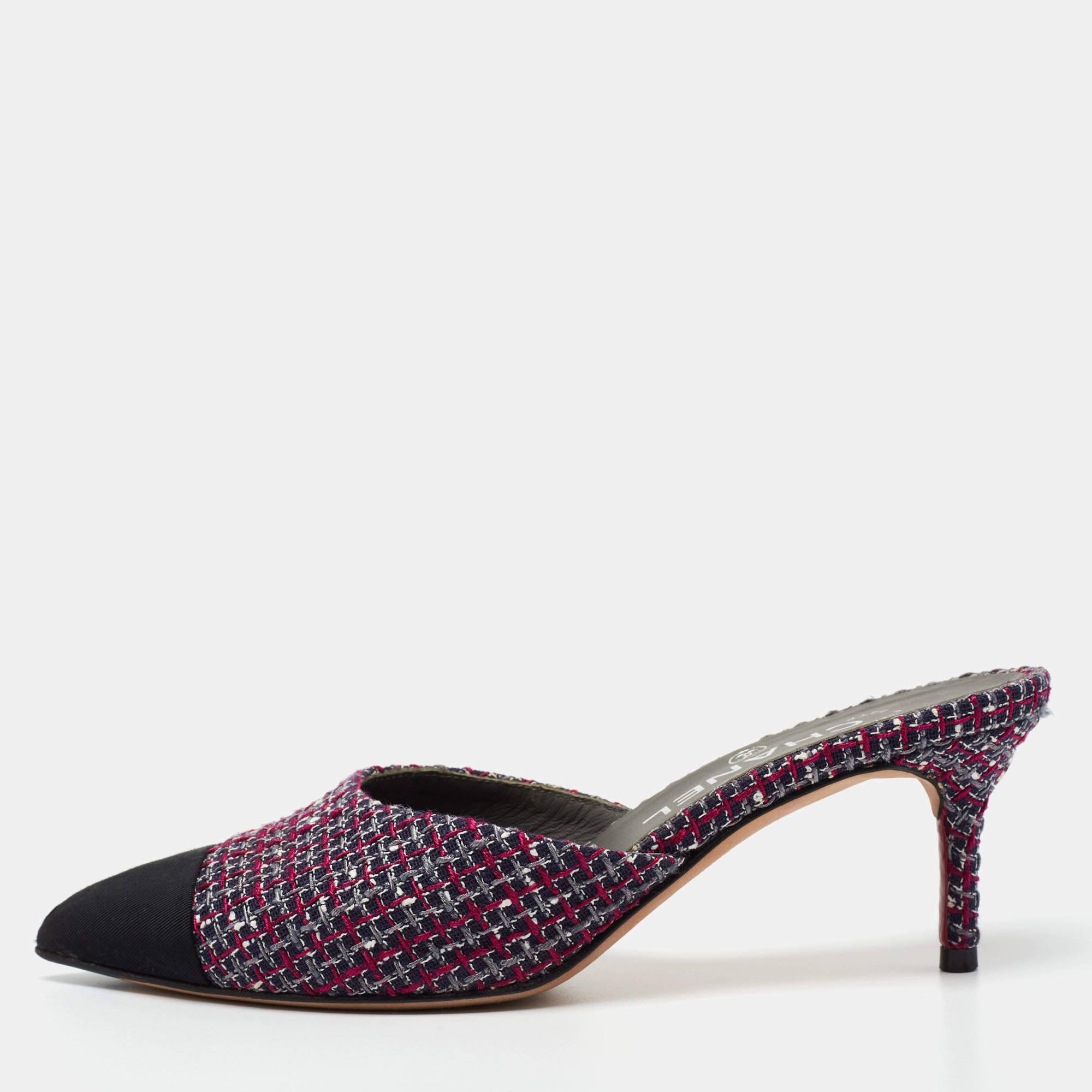 Pre Owned Chanel Multicolor Tweed And Canvas Mules Size 36