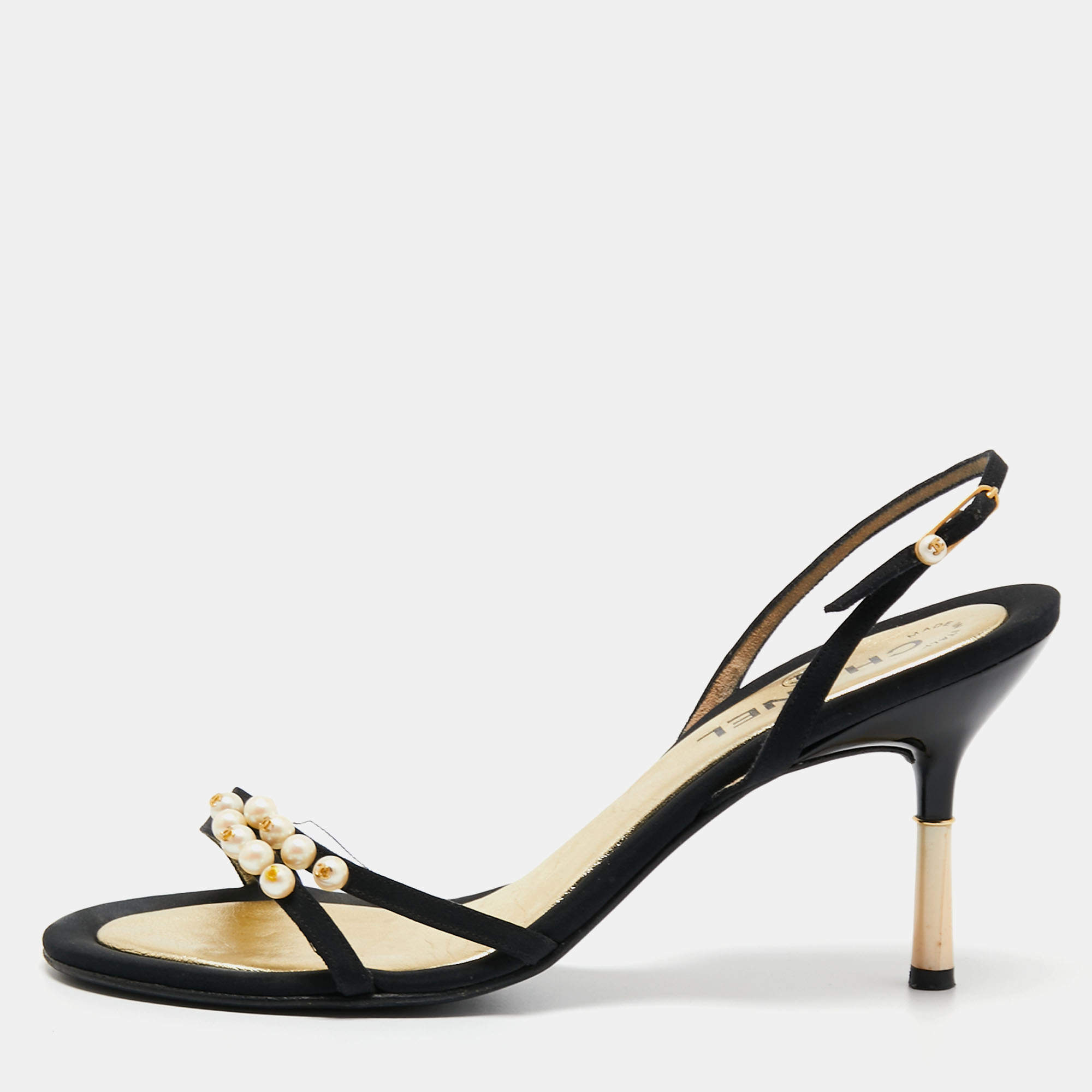 Pre Owned Chanel Black Canvas Pearl Embellished Slingback Sandals Size 39.5