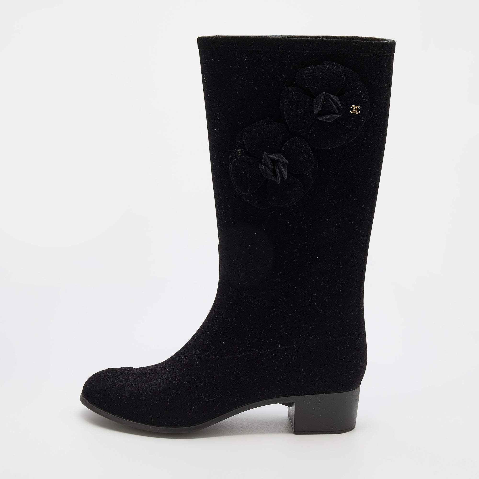 Chanel Black Velvet Camellia Calf Length Boots Size 36