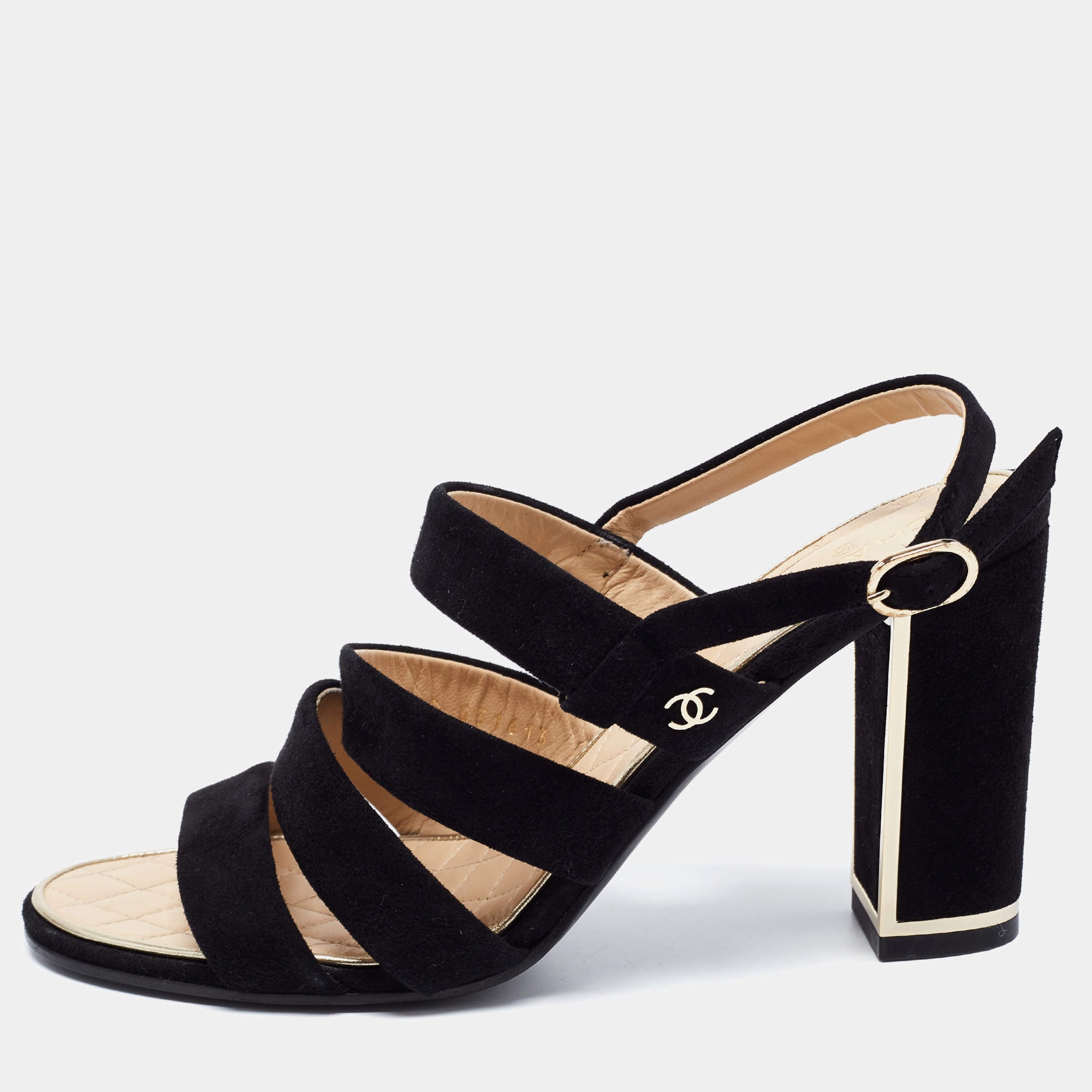 Chanel Black Suede Block Heel Ankle Strap Sandals Size 37.5