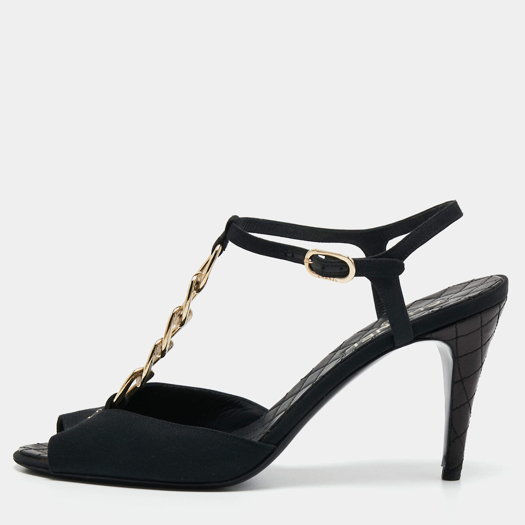 Chanel Black Fabric Chain Link T Strap Sandals Size 39.5