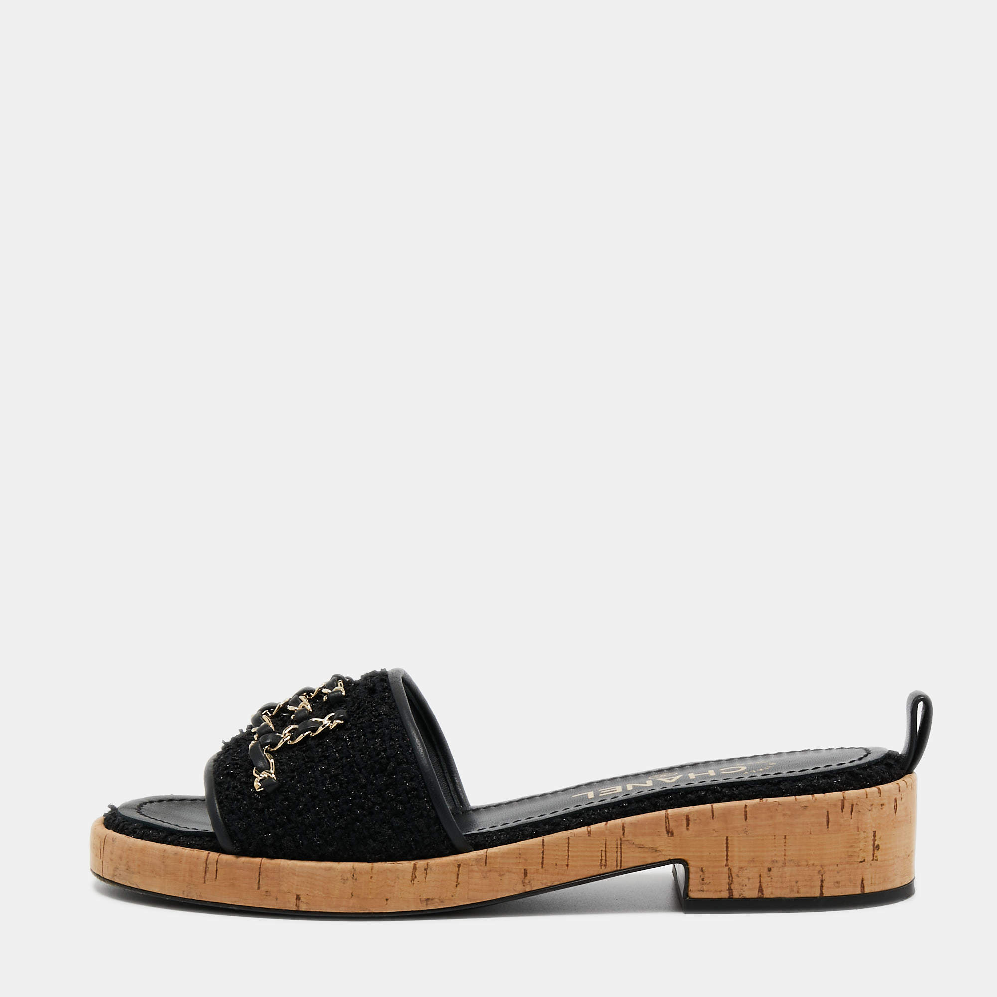 Chanel Black Tweed And Leather Chain Link Cork Slides Size 39.5