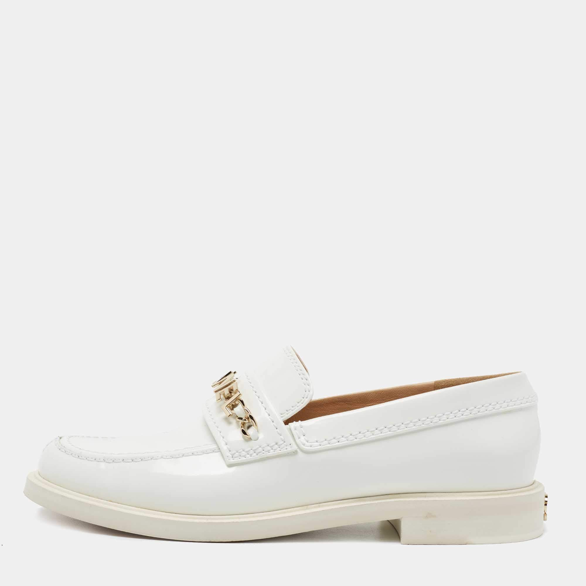 Chanel White Leather Logo Chain Slip On Loafers Size 38