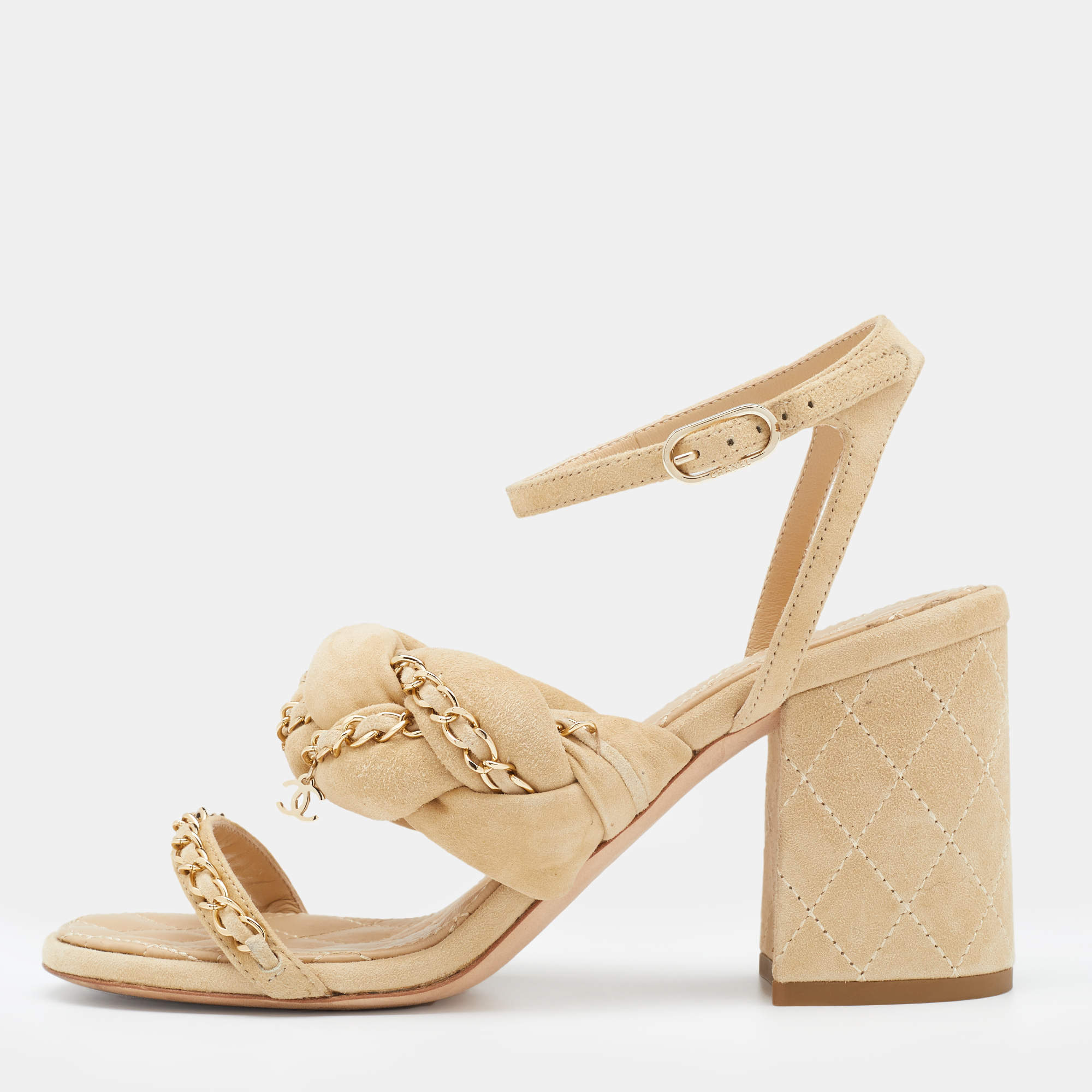 Chanel Beige Suede Braided Chain Embellished Ankle Strap Sandals Size 37.5  Chanel