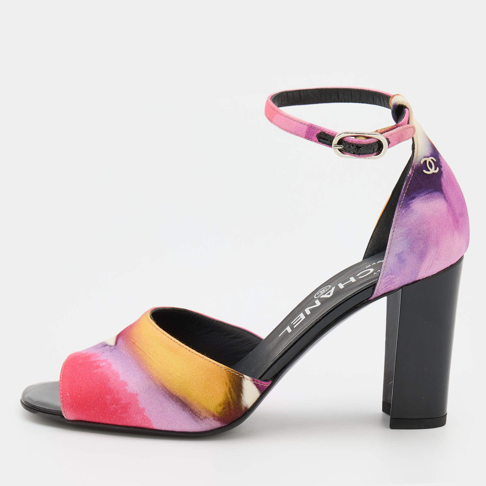 Chanel Multicolor Printed Fabric Ankle Strap Sandals Size 37