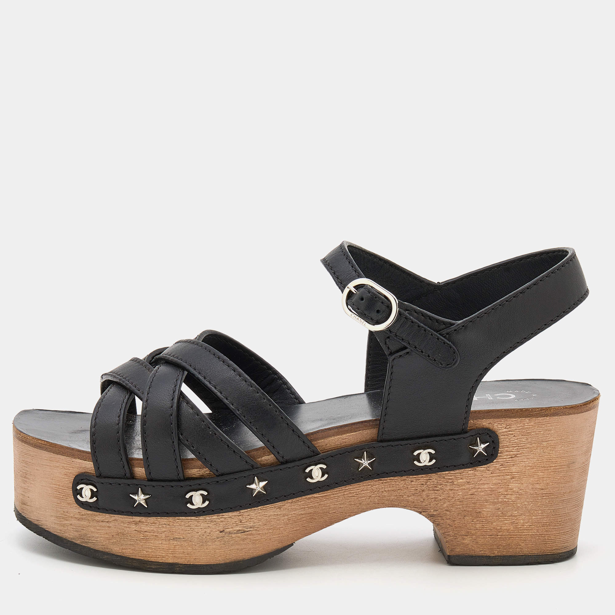 Chanel Black Leather Embellished Criss Cross Ankle Strap Platform Clog Sandals Size 39