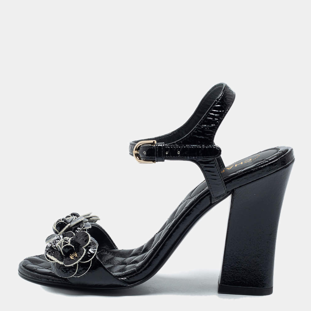 Pre Owned Chanel Black Leather Block Heel Ankle Strap Sandals Size 38
