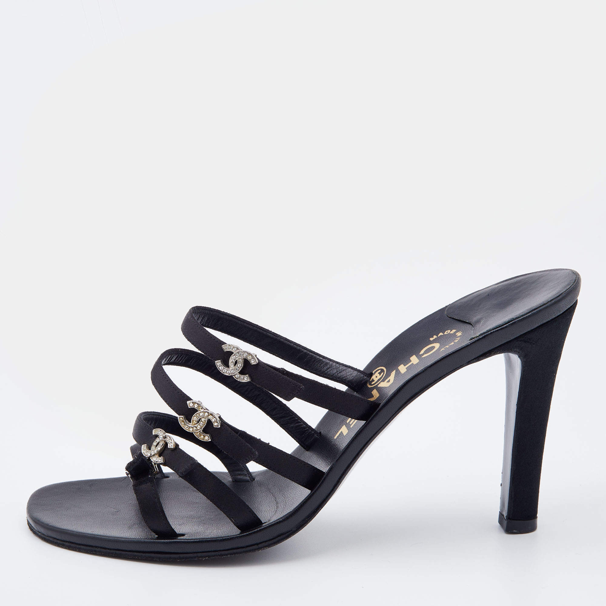 Pre Owned Chanel Black Satin CC Embellished  Strappy Slide Sandals Size 38.5