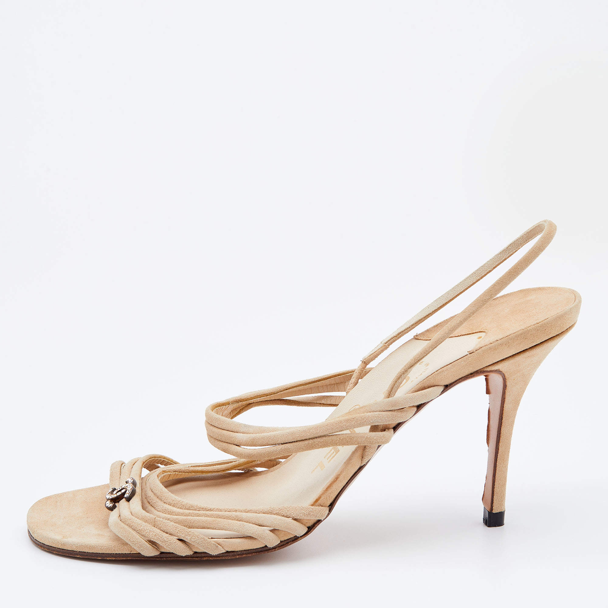 Chanel Beige Suede CC Strappy Slingback Sandals Size 39