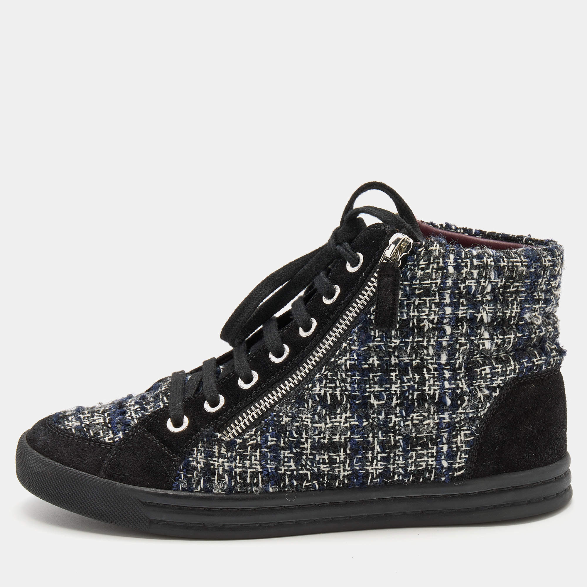 Chanel Blue/Black Tweed Fabric And Suede Leather Double Zipper High Top Sneakers Size 36