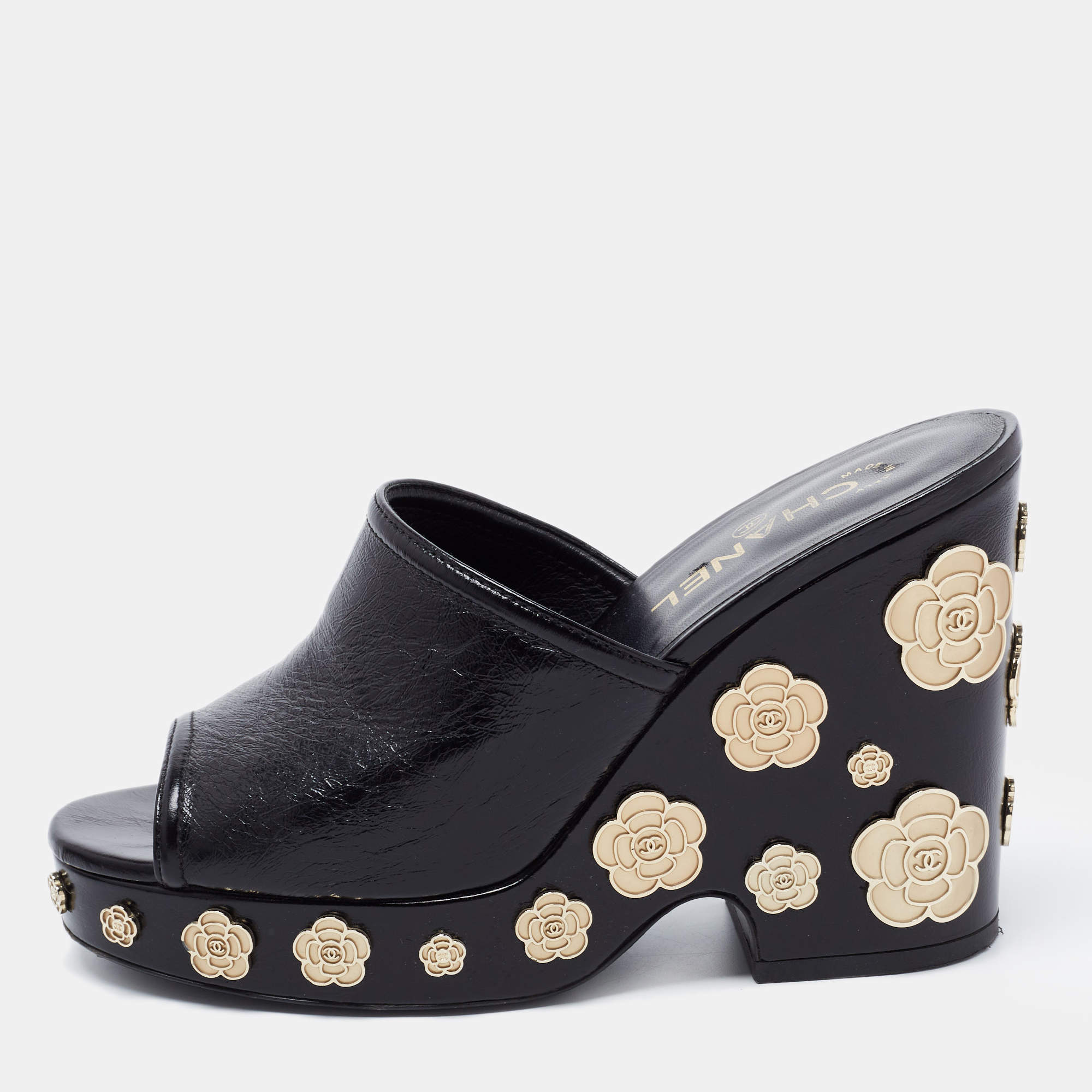 Chanel Black Leather Camellia Embellished Platform Wedge