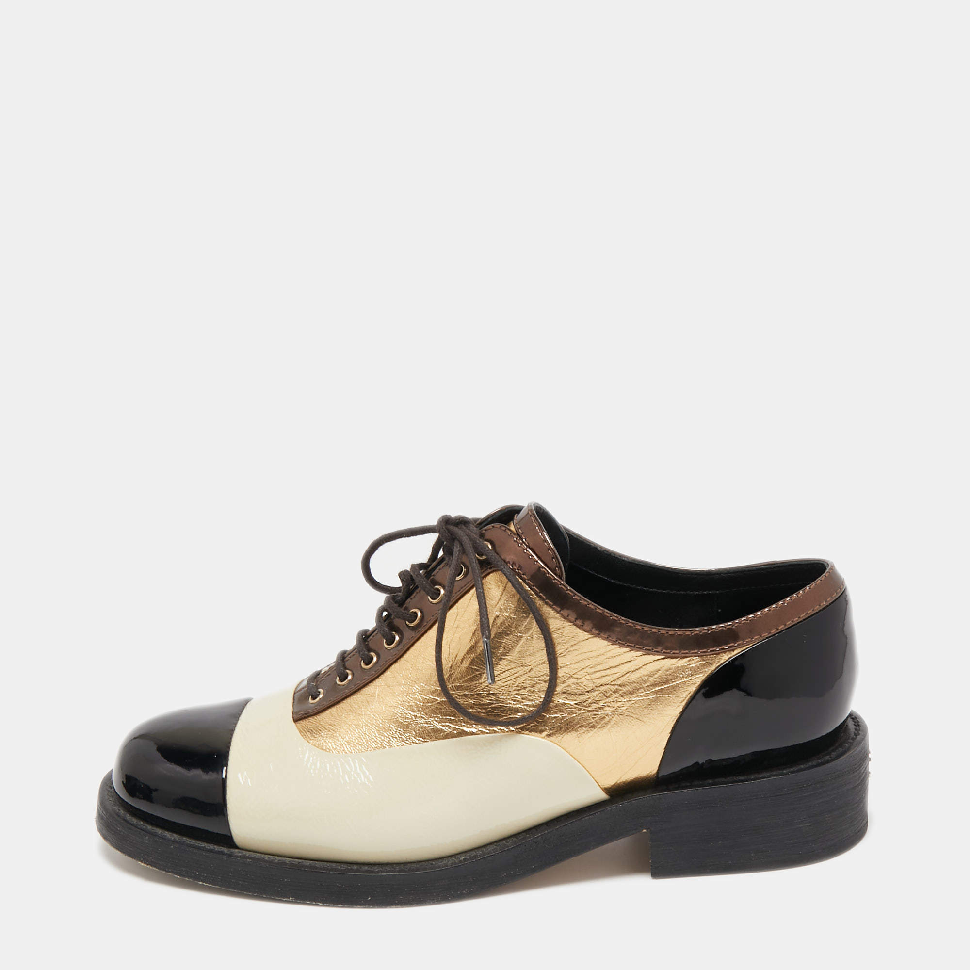 Pre Owned Chanel Multicolor Patent Leather Lace-up Oxfords Size 38.5