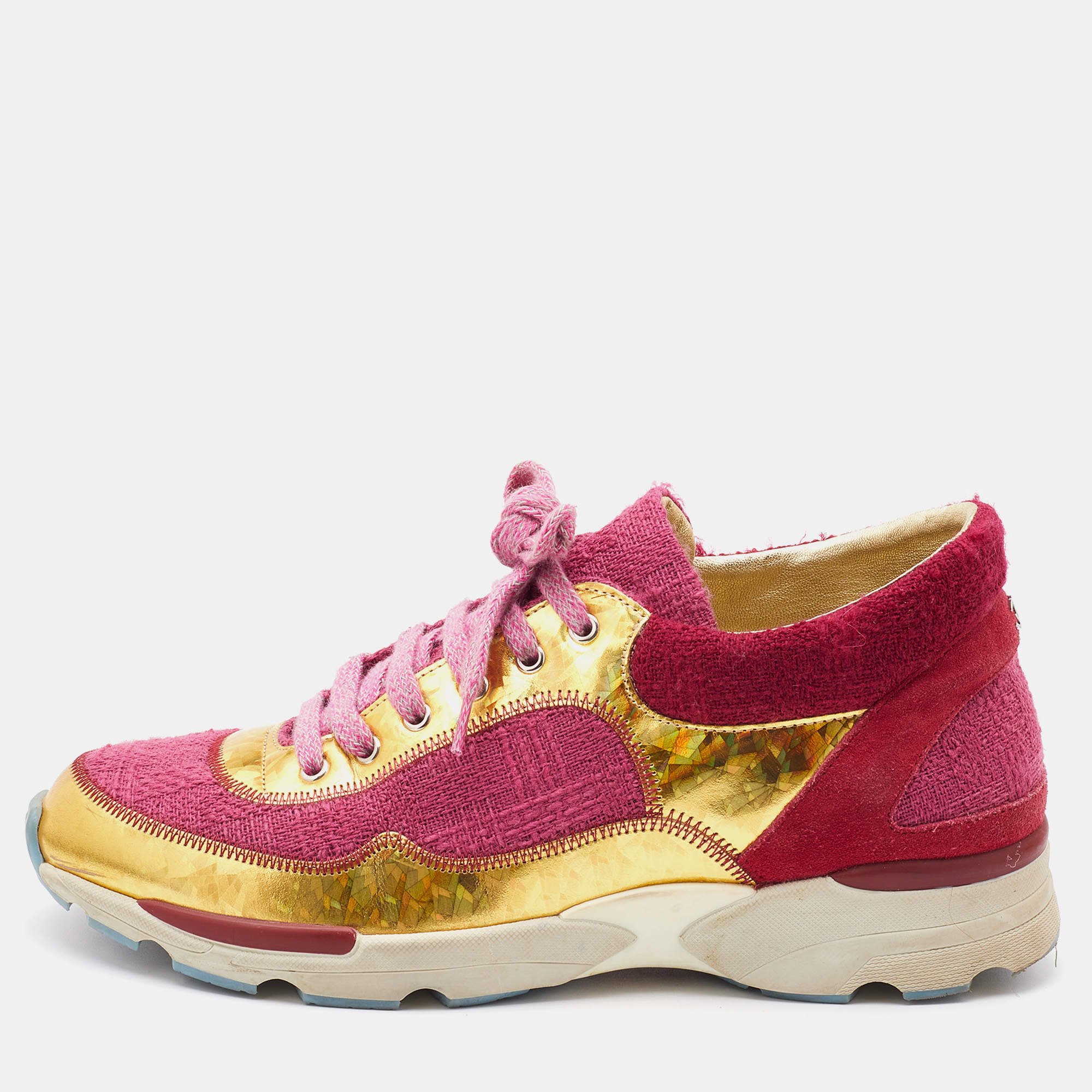 Chanel Multicolor Tweed and Leather CC Low Top Sneakers Size 37.5