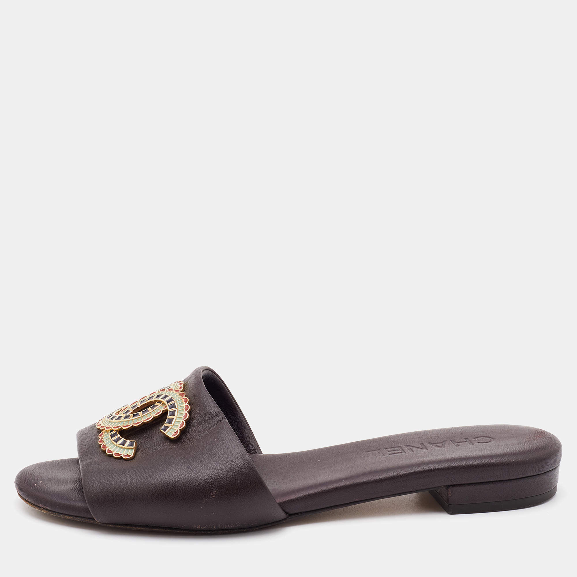 Chanel Dark Brown Leather CC Embellished Flat Slides Size 36.5