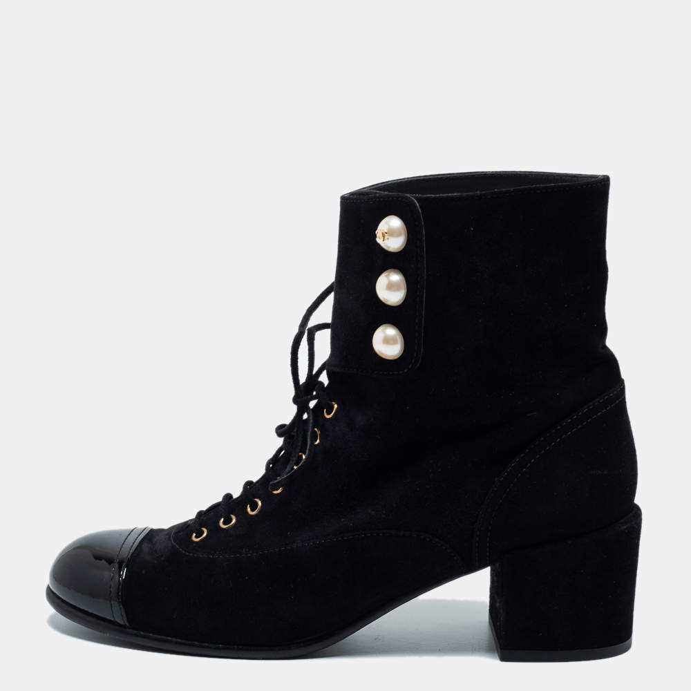 Chanel Black Suede and Patent Leather Cap Toe CC Pearl Ankle Boots Size 37.5