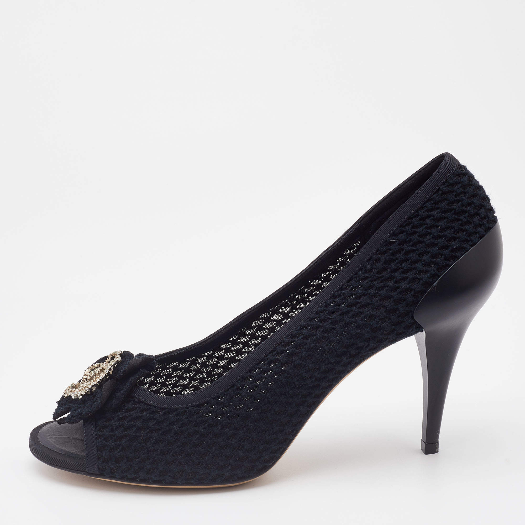 Pre Owned Chanel Black Knit Fabric CC Camellia Crystal Embellished Open Toe Pumps Size 40
