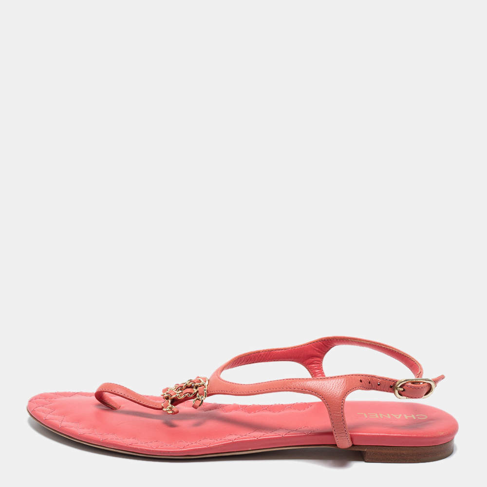 Pre Owned Chanel Pink Leather CC Chain Flat Ankle Strap Sandals Size 38