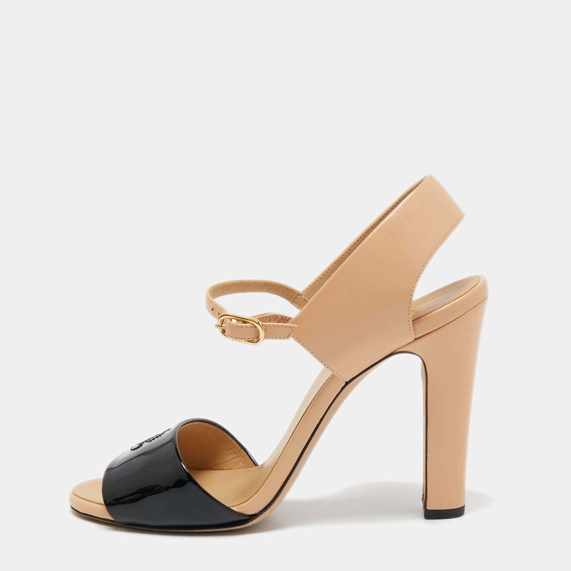 Chanel Black/Beige Patent and Leather Open Toe Ankle Strap Sandals Size 39