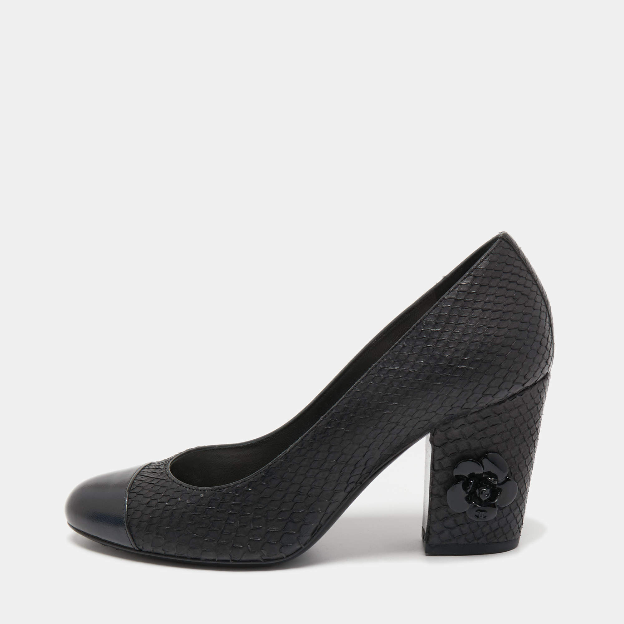 Pre Owned Chanel Black Python and Leather Cap Toe Camellia Block Heel Pumps Size 37