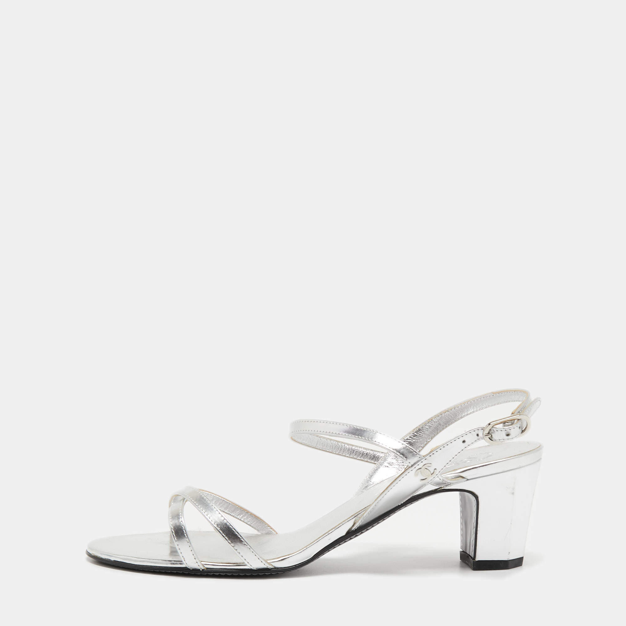 Chanel Silver Leather Ankle Strap Sandals Size 38.5