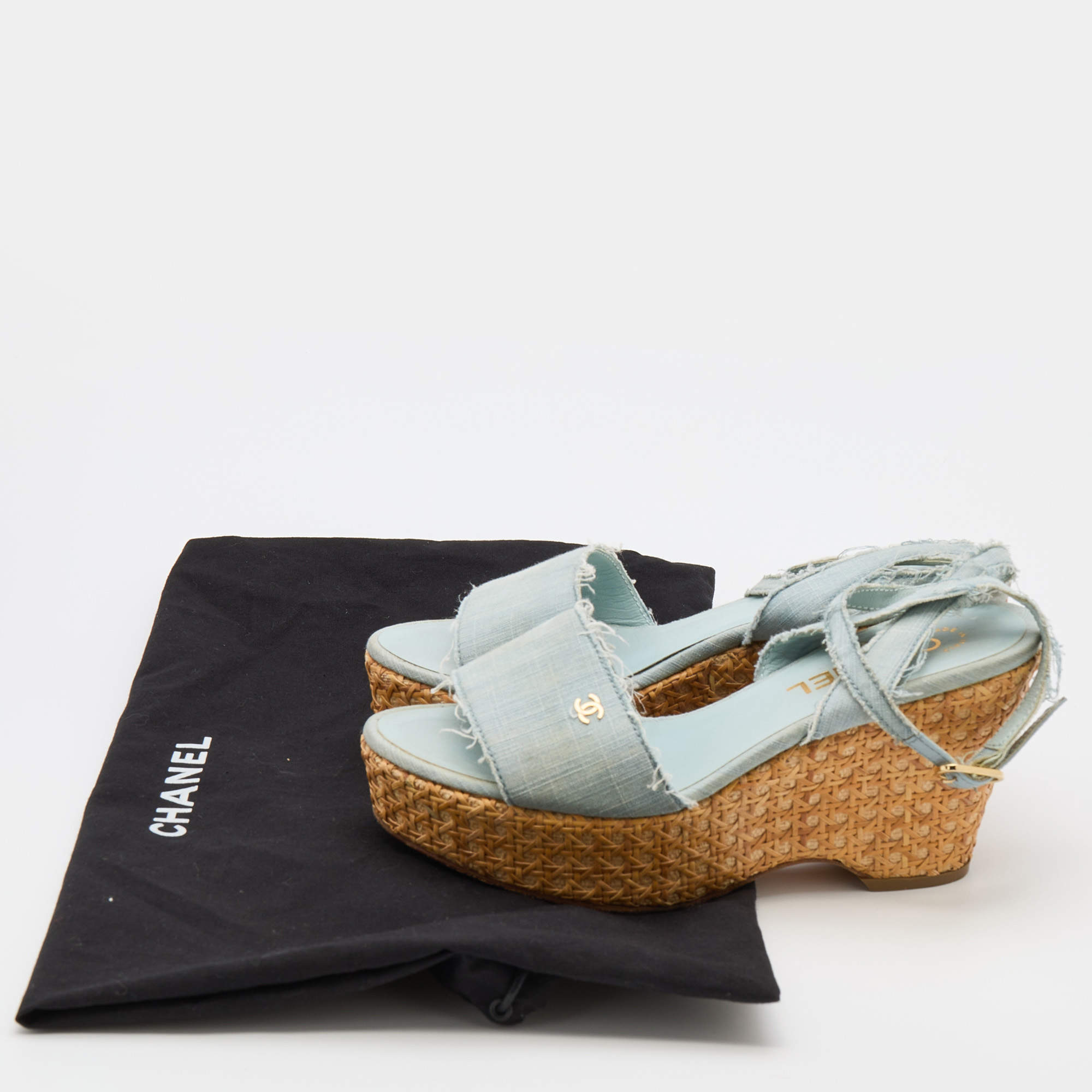 Chanel Light Blue Denim Raffia Platform Wedge Ankle Strap Sandals Size 36.5  Chanel