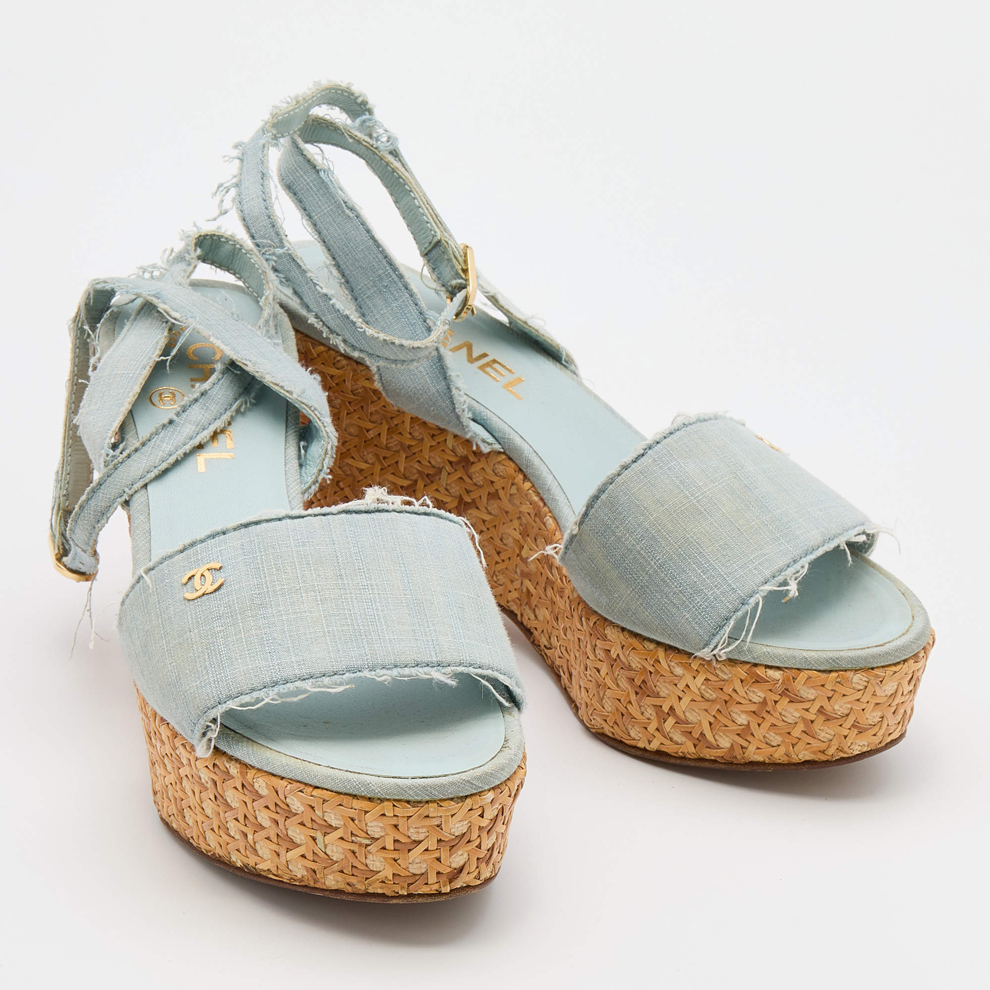 Chanel Light Blue Denim Raffia Platform Wedge Ankle Strap Sandals Size 36.5  Chanel