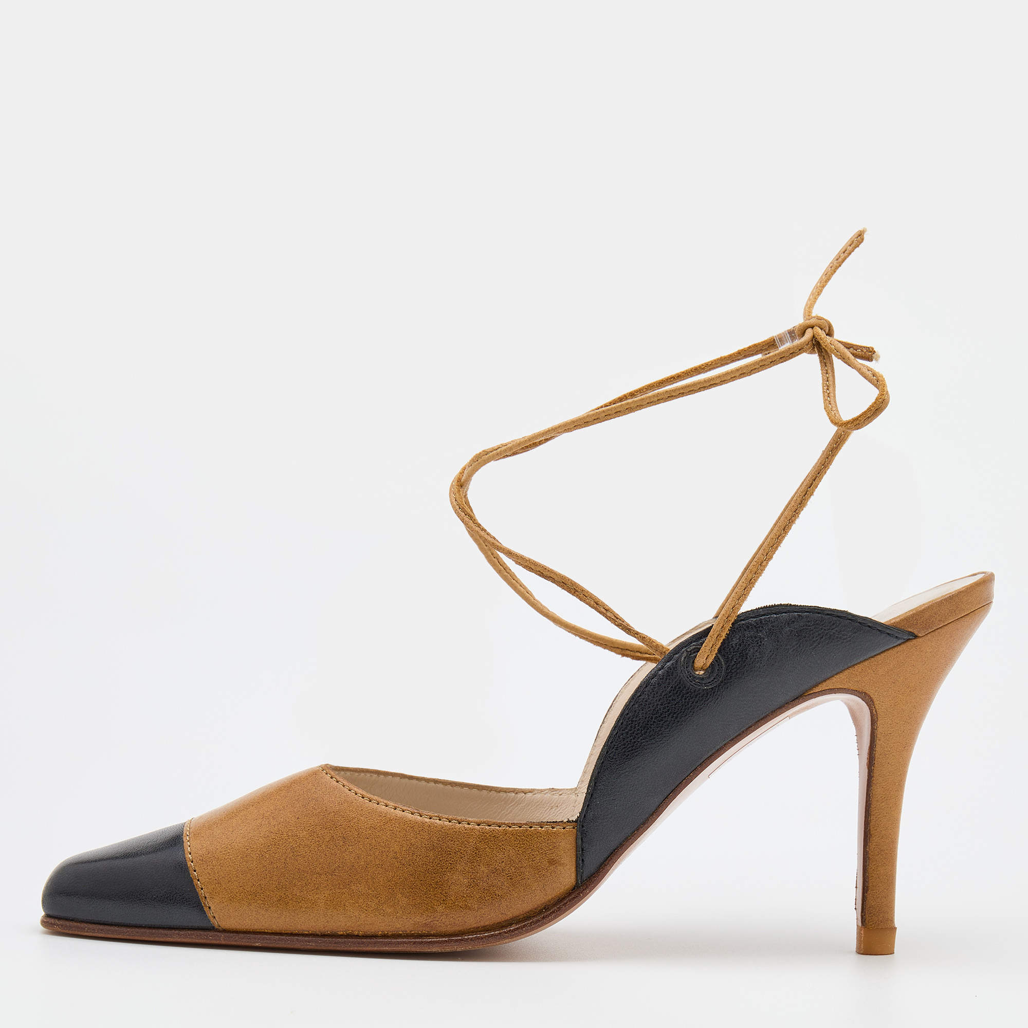 Pre Owned Chanel Brown/Black Leather Ankle Wrap Mules Size 38