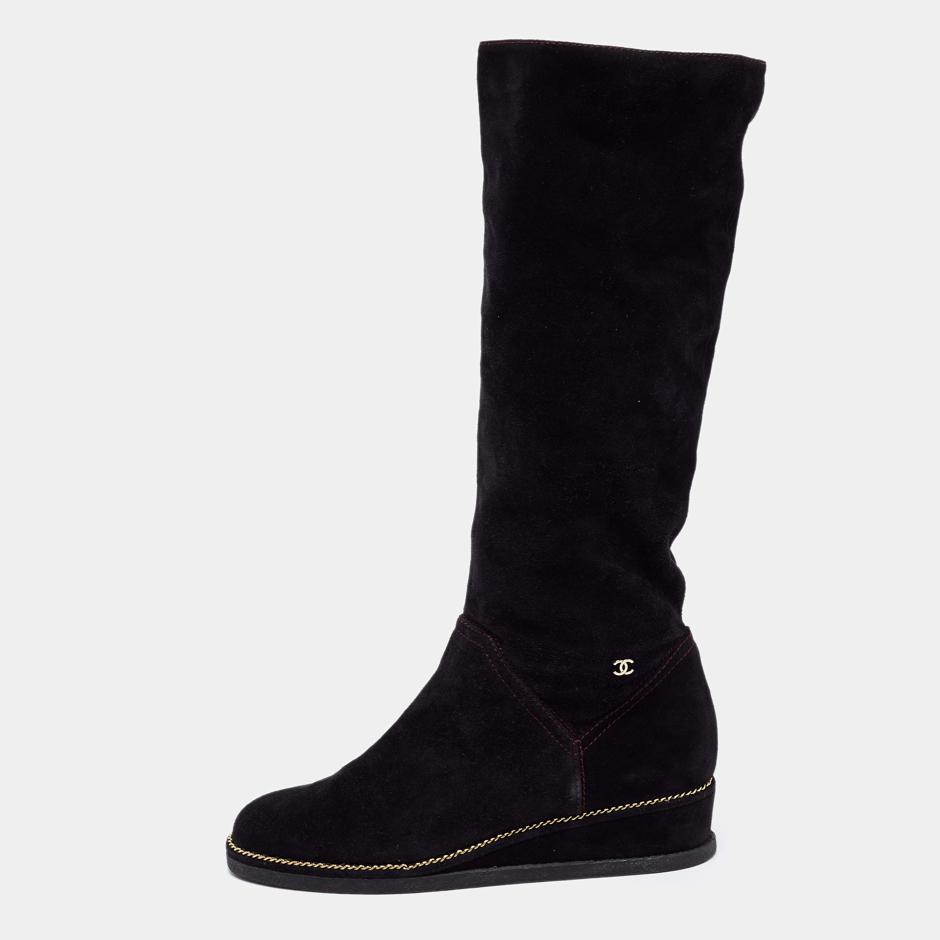 Chanel Black Suede Wedge Knee Length Boots Size 39.5