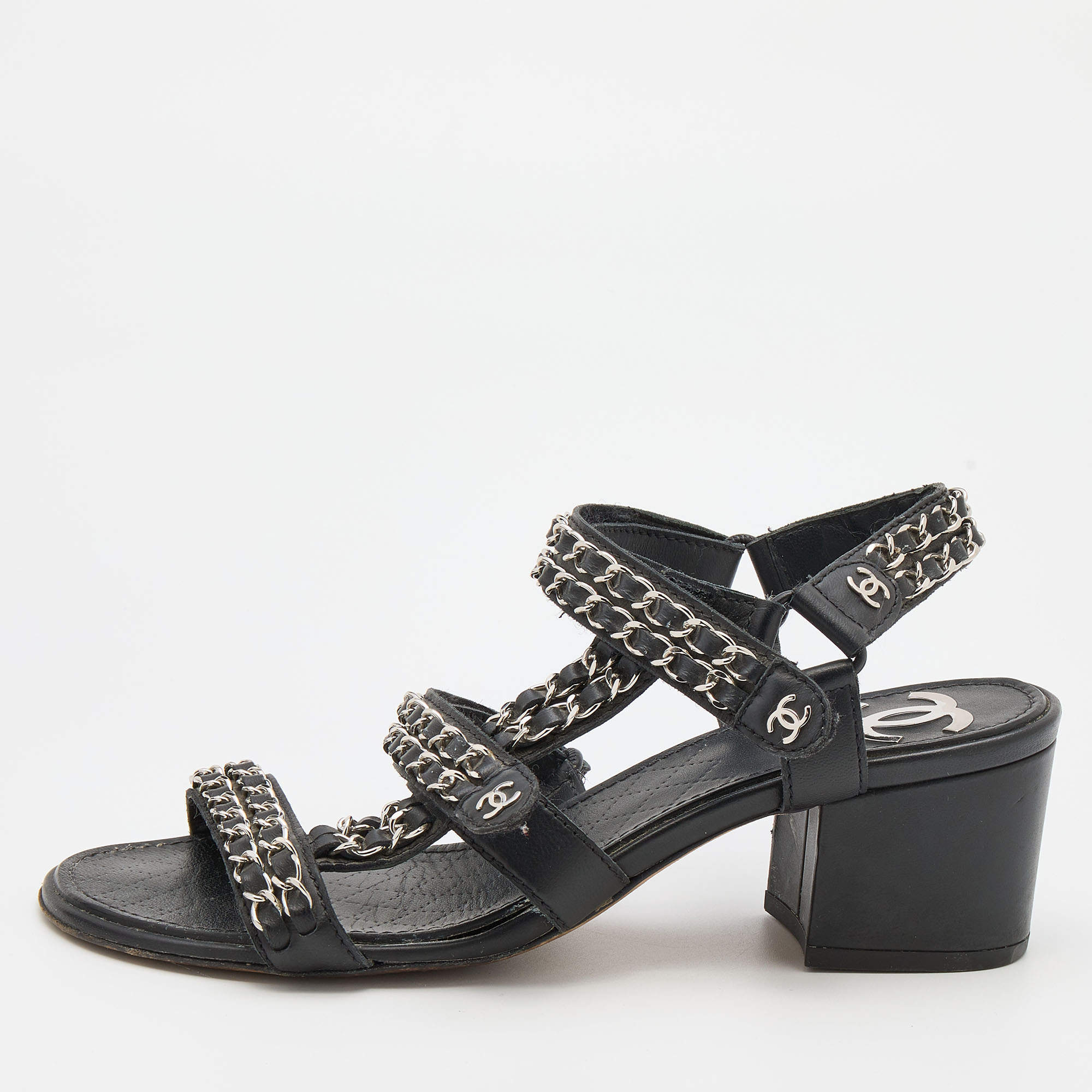Pre Owned Chanel Black Leather Chain Link Detail Ankle Strap Sandals Size 38.5