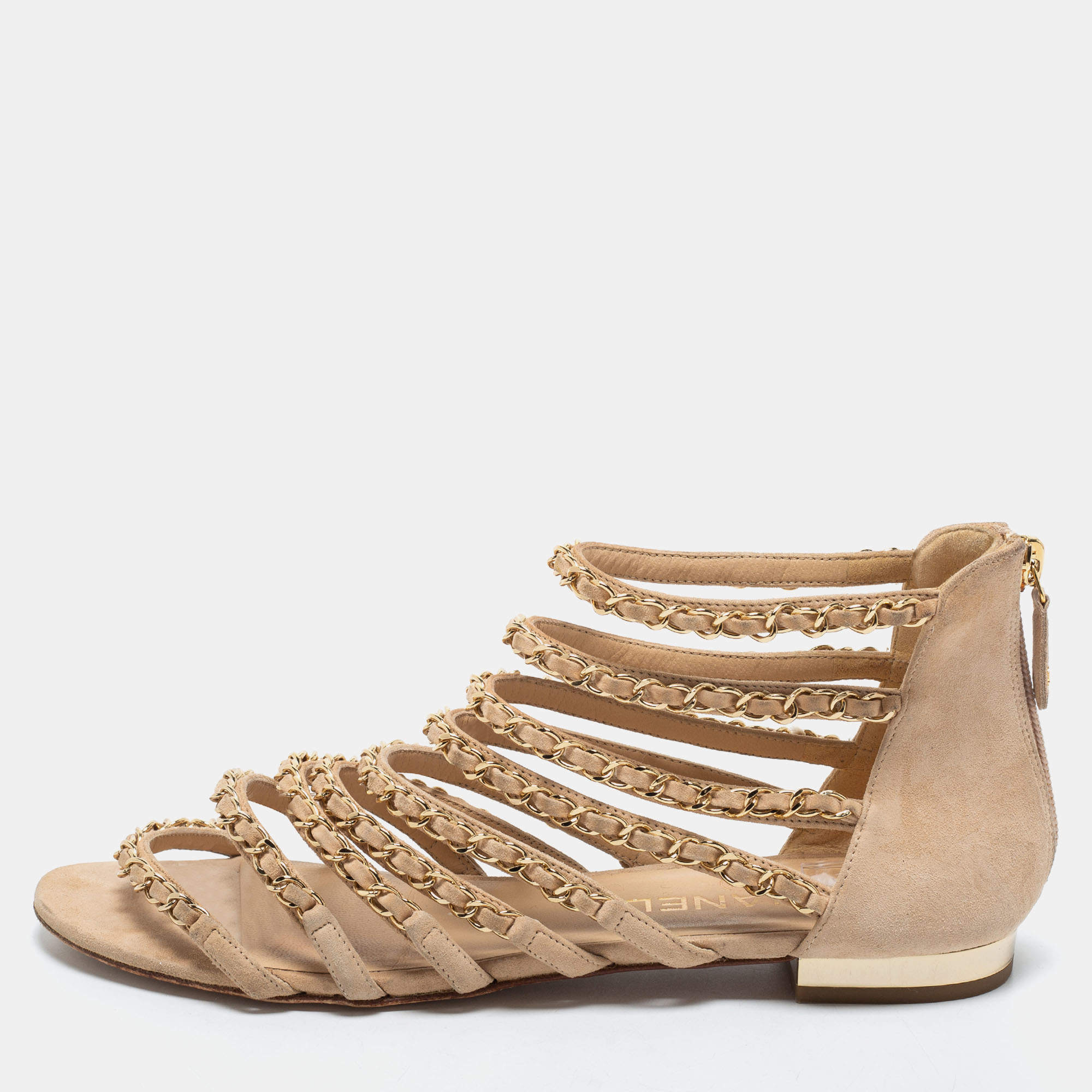 Chanel Beige Suede Chain Strappy Flat Sandals Size 39