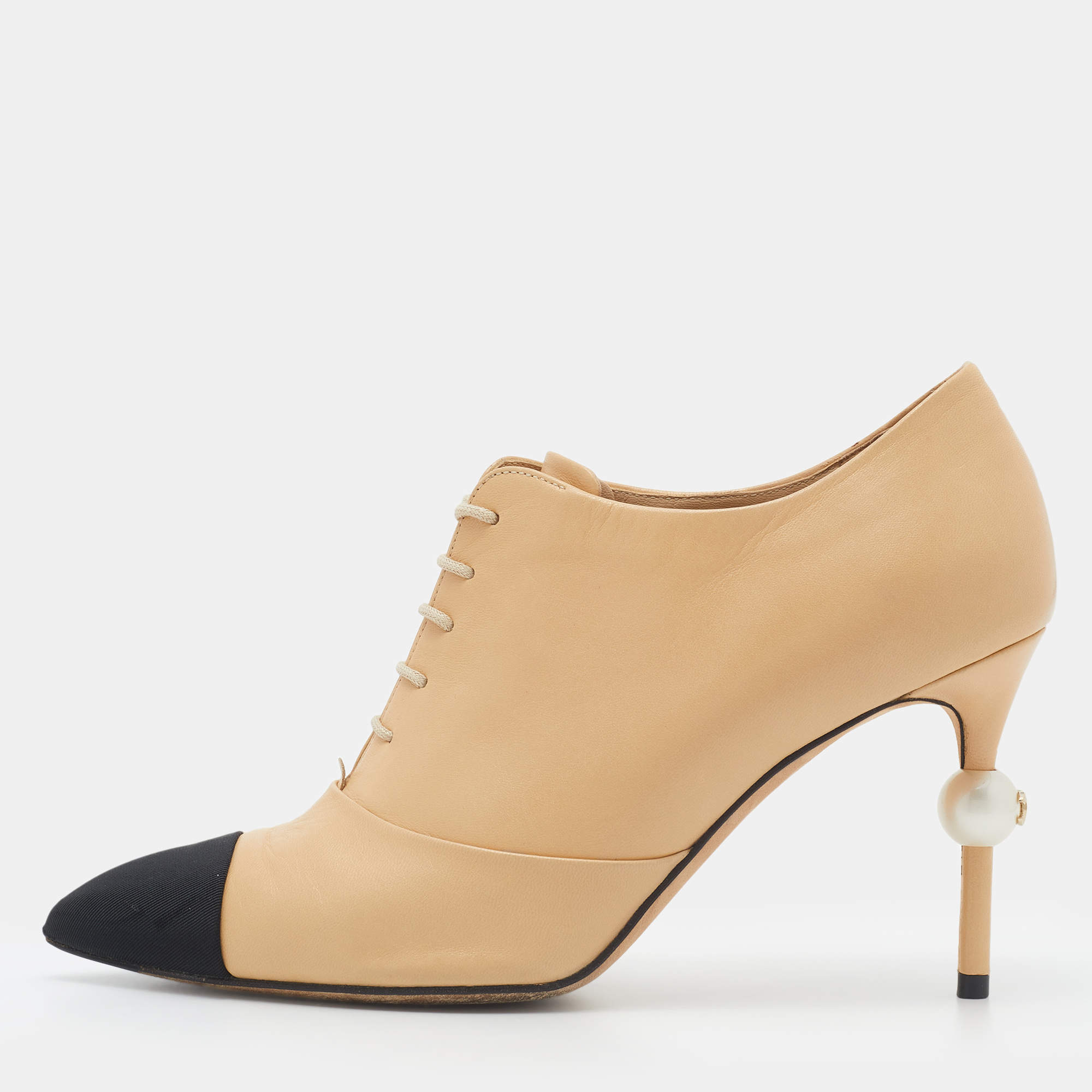 Chanel Beige/Black Leather And Fabric Cap Toe Embellished Booties Size 38