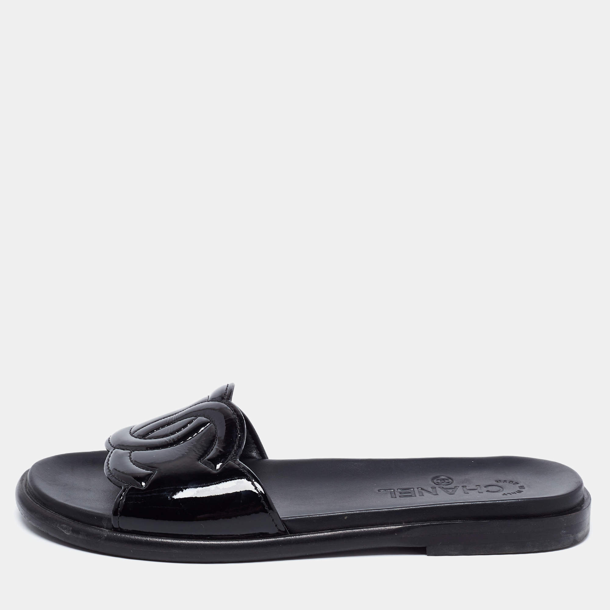 Chanel Black Patent Leather CC Slide Flats Size 38