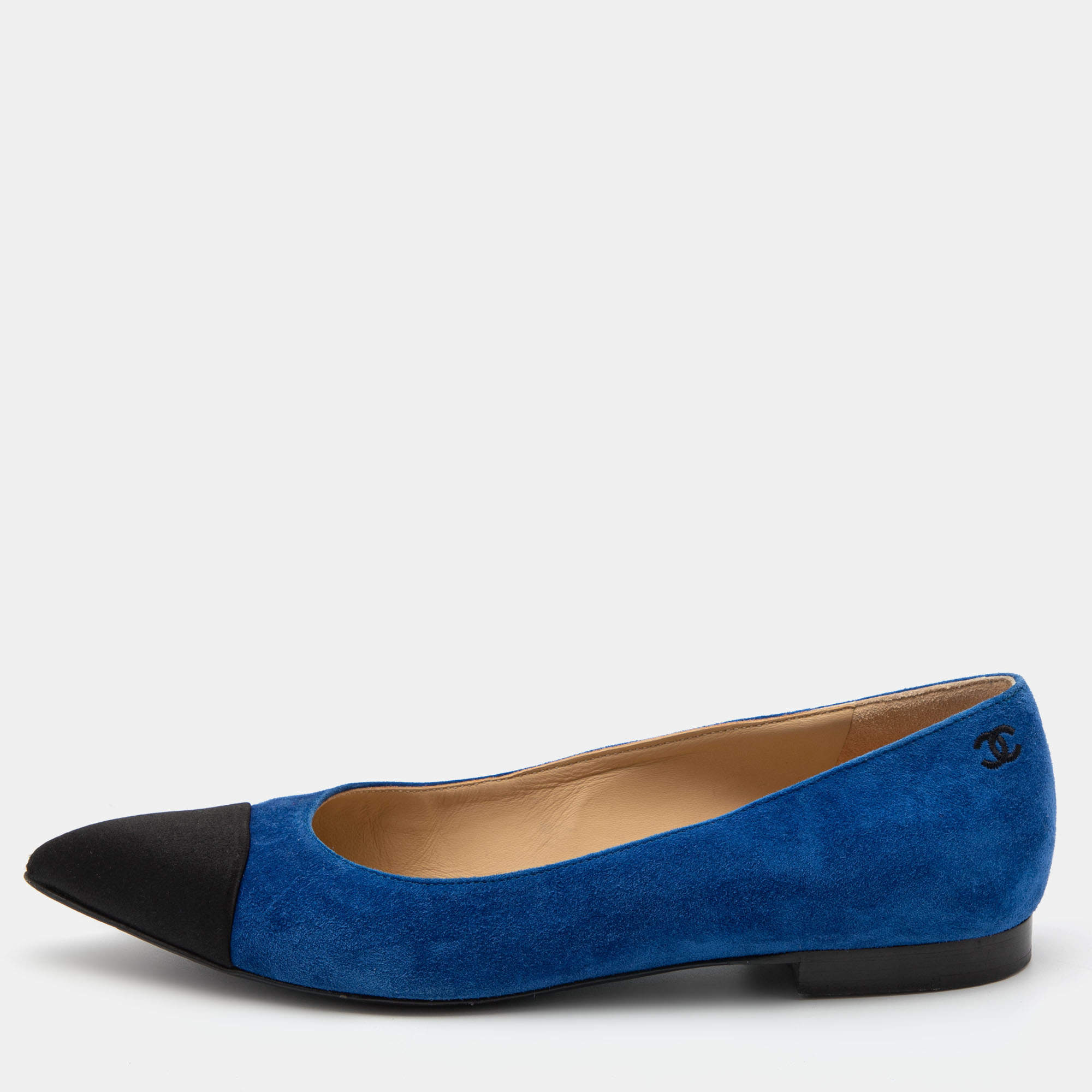 Chanel Blue/Black Satin and  Suede Pointed Toe Gabrielle Ballerina Flats Size 37