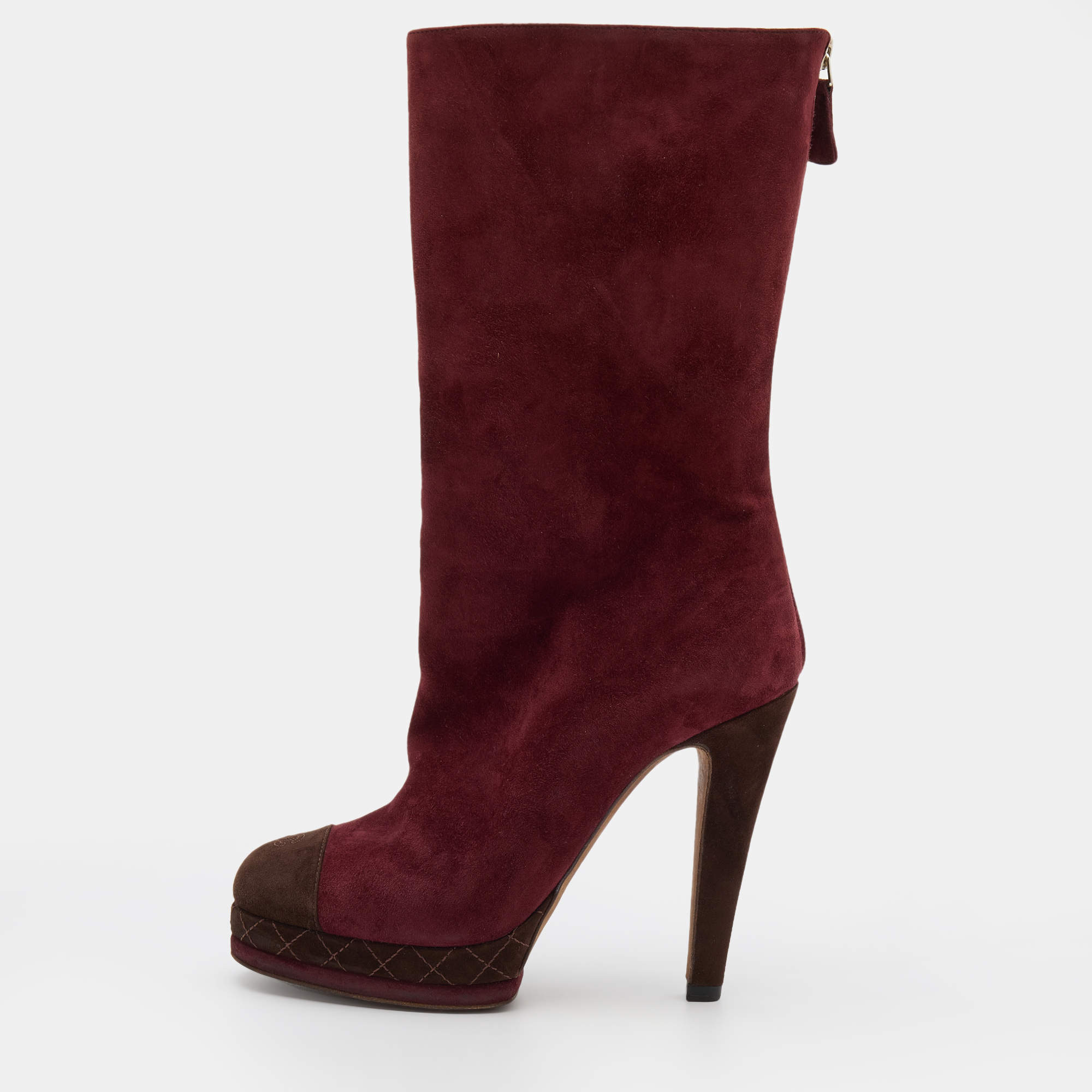Pre Owned Chanel Burgundy/Brown Suede CC Platform Mid Calf Length Boots Size 38.5