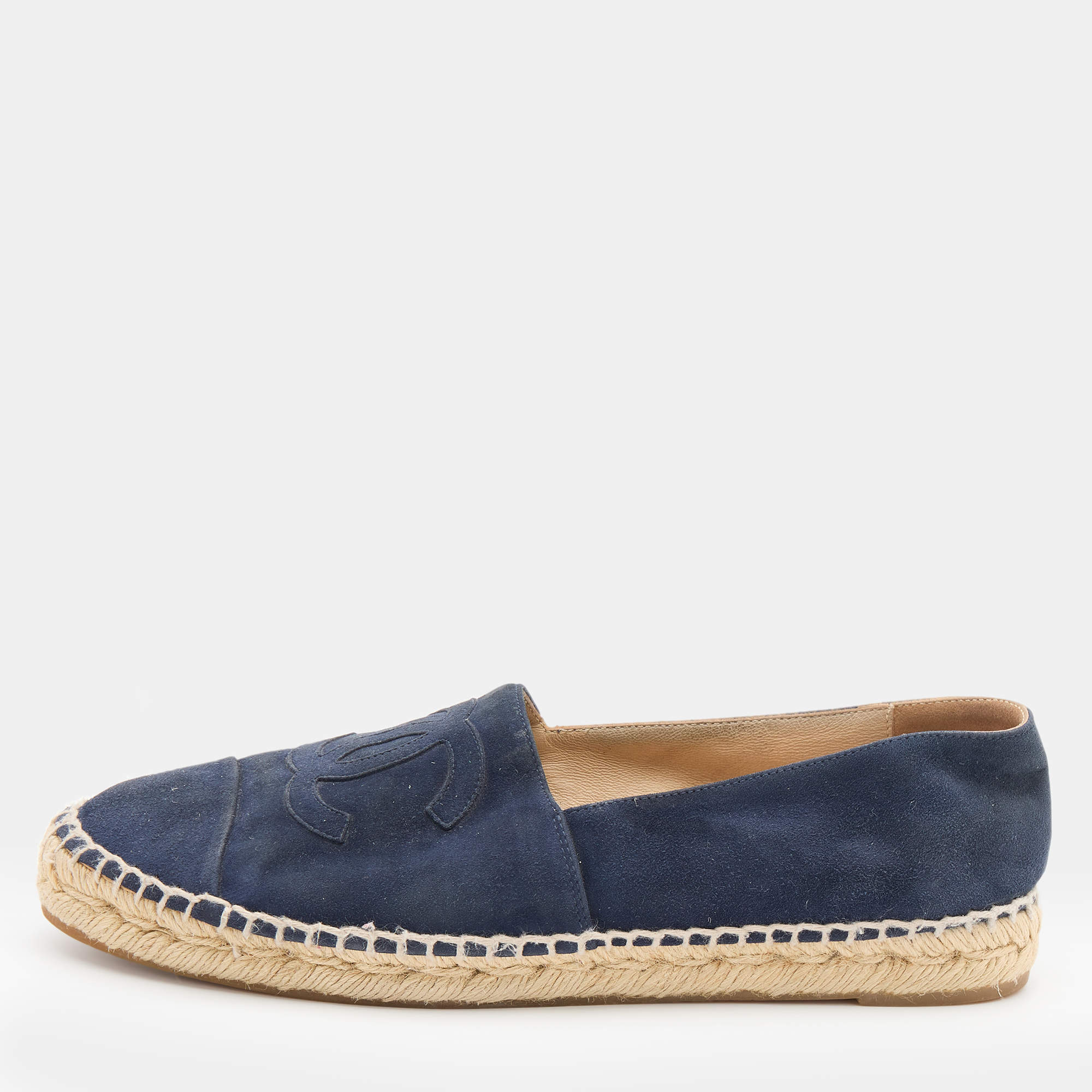 Pre Owned Chanel Navy Blue Suede CC Espadrille Flats Size 40