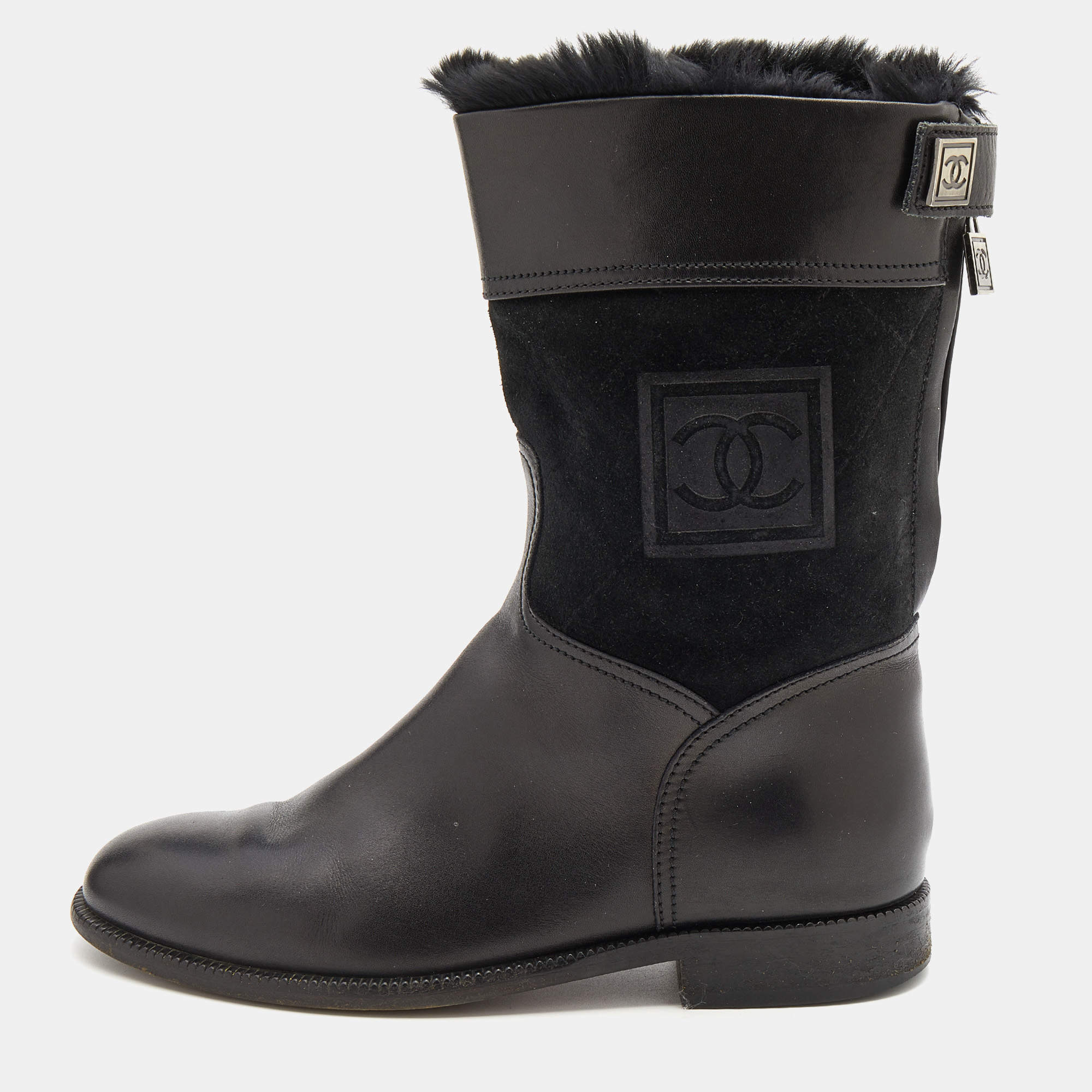 Chanel Black Leather and Suede Fur Lined Ankle Length Boots Size 37 