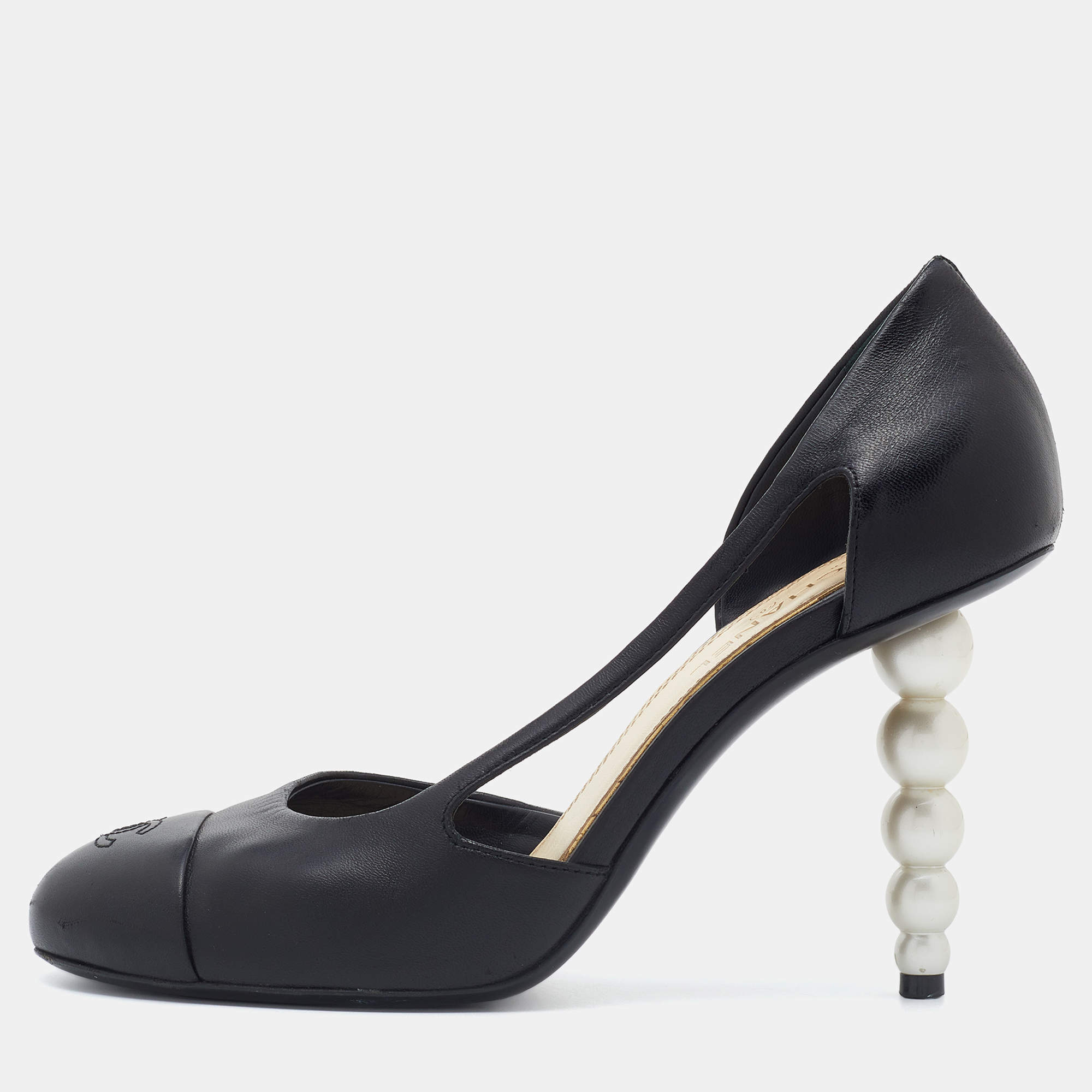 Pre Owned Chanel Black Leather Pearl Heel D'Orsay Pumps Size 38