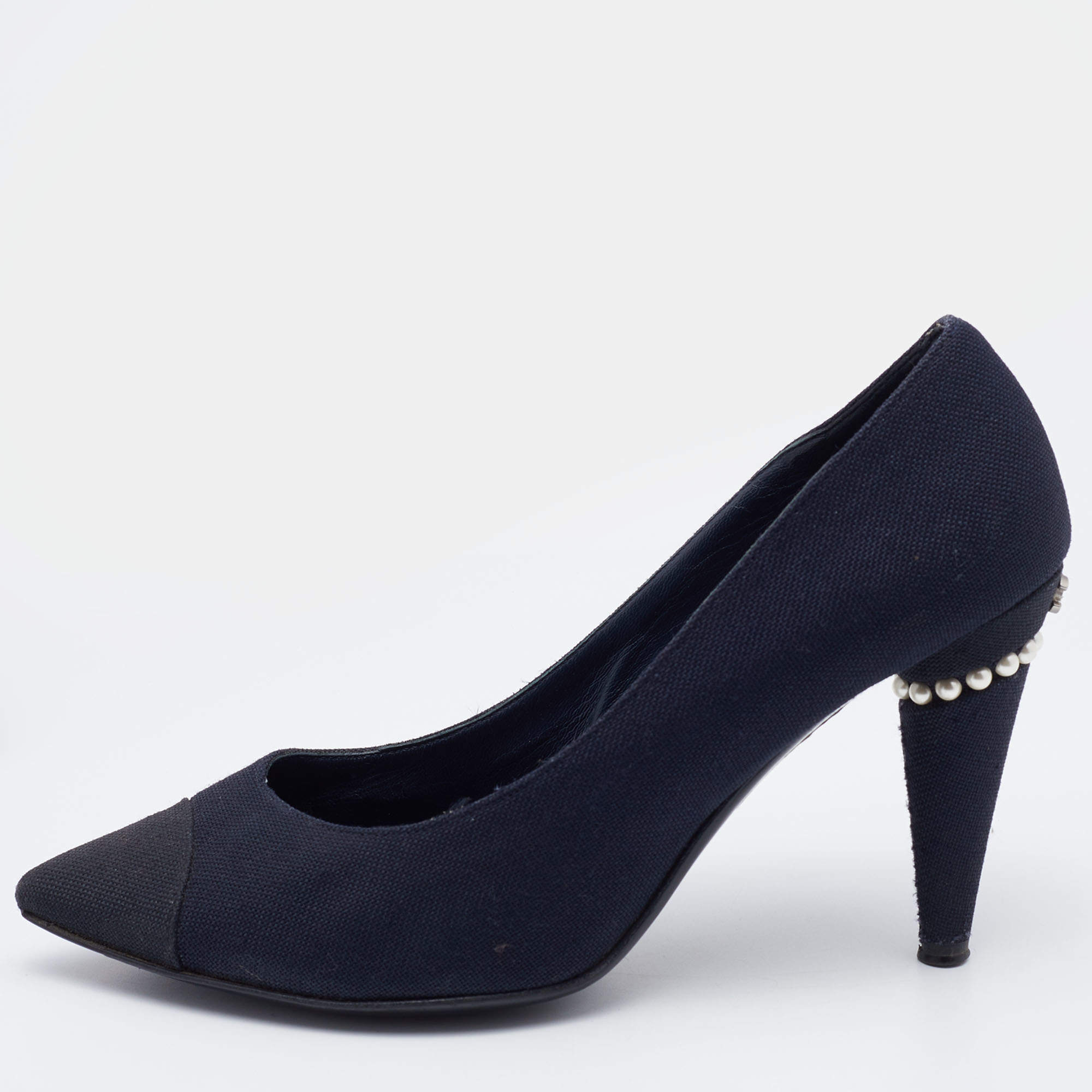 Pre Owned Chanel Navy Blue Canvas Embellished Pointed Toe Pumps Size 39.5
