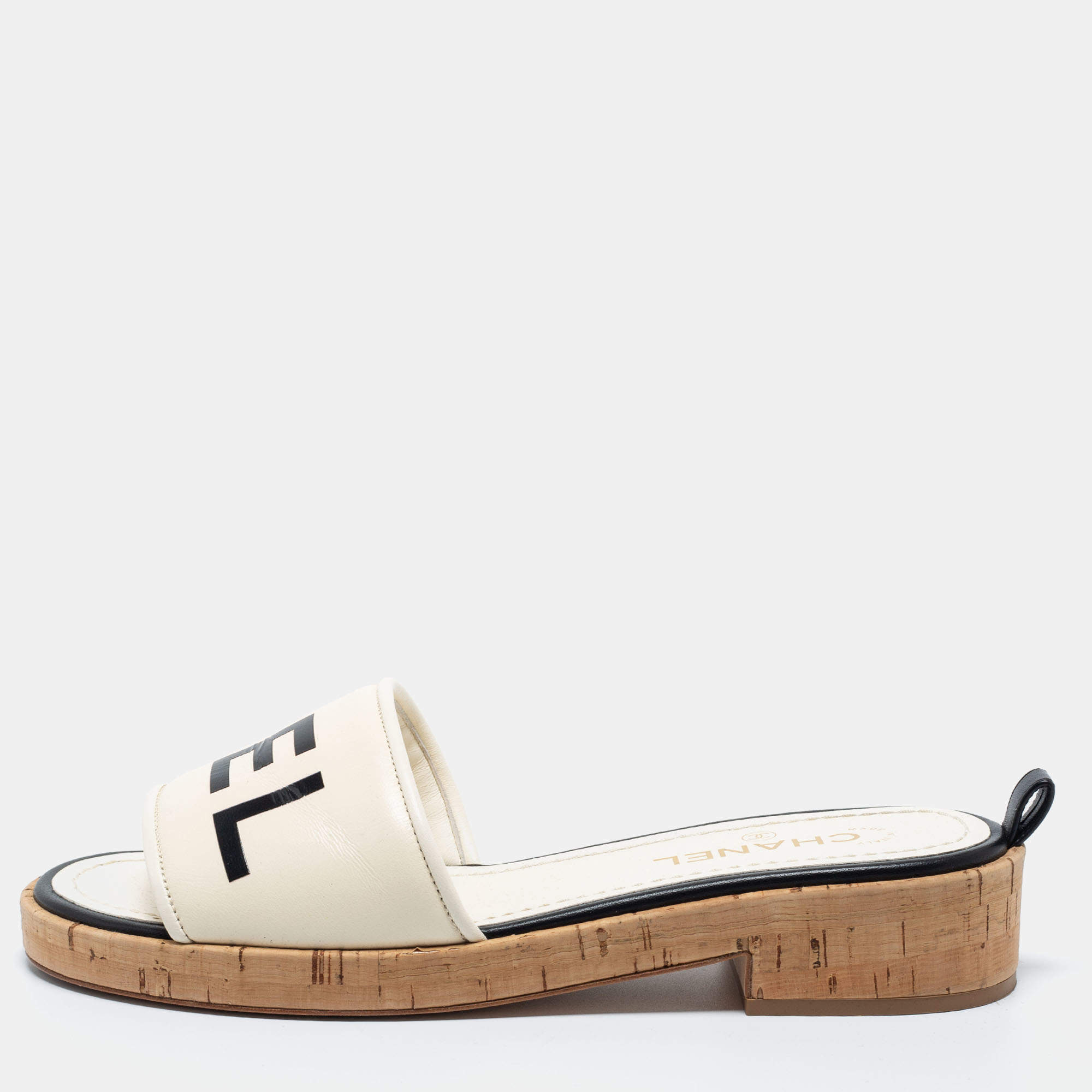 Chanel Cream Logo Leather Cork Slide Sandals Size 40.5 at 1stDibs