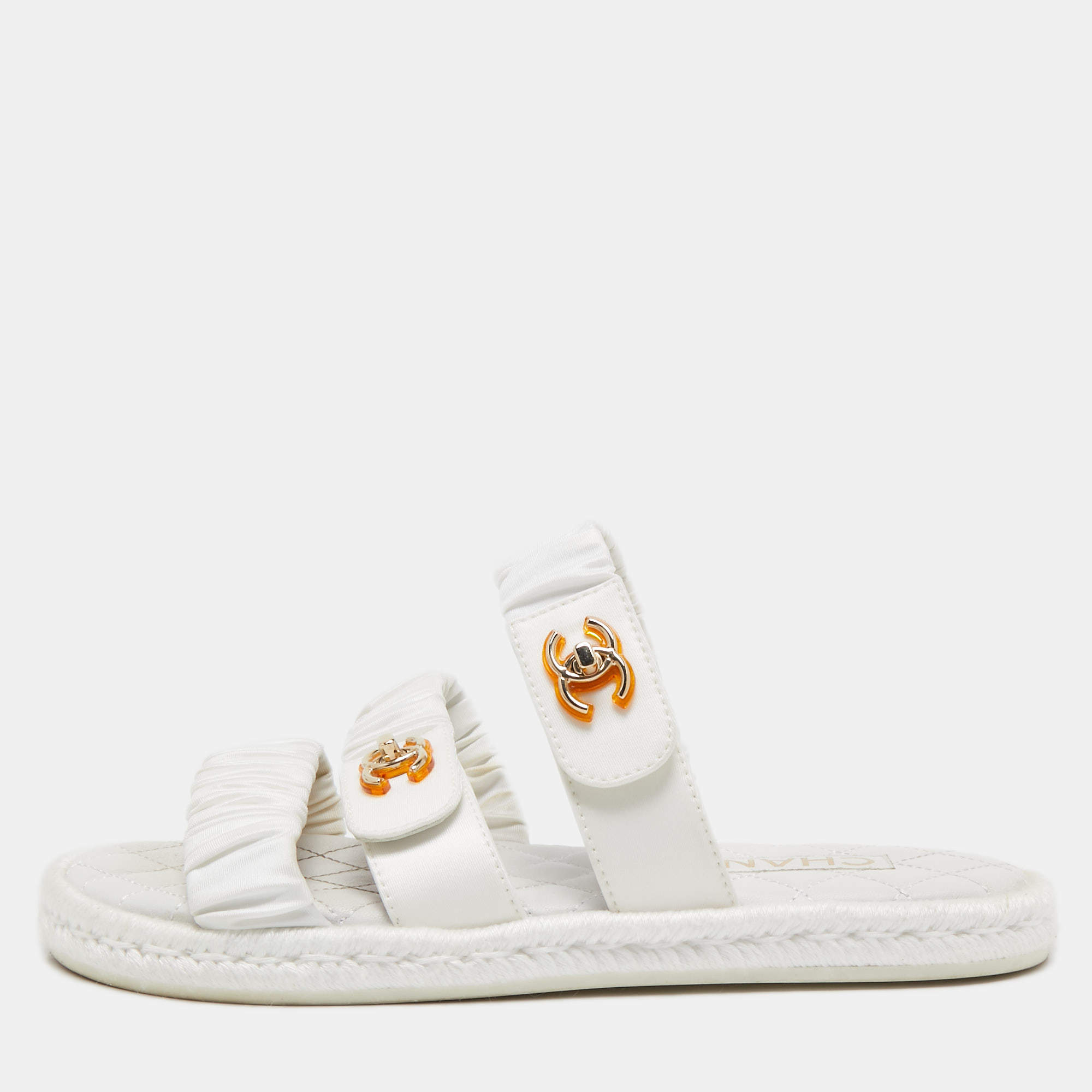 Chanel White Pleated Satin CC Turnlock Espadrille Slides Size 39