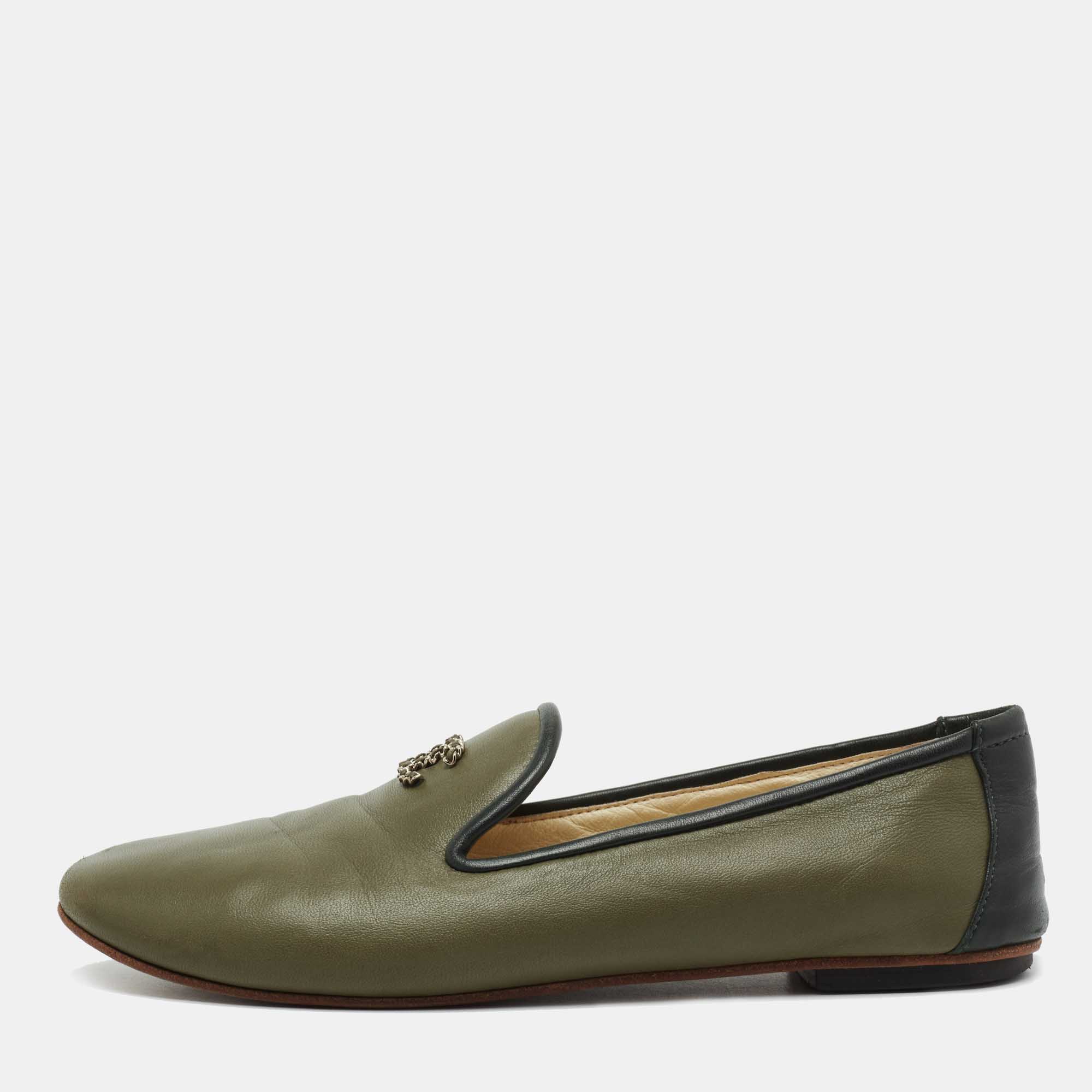 Pre Owned Chanel Olive Green Leather CC Slip On Smoking Slippers Size 36