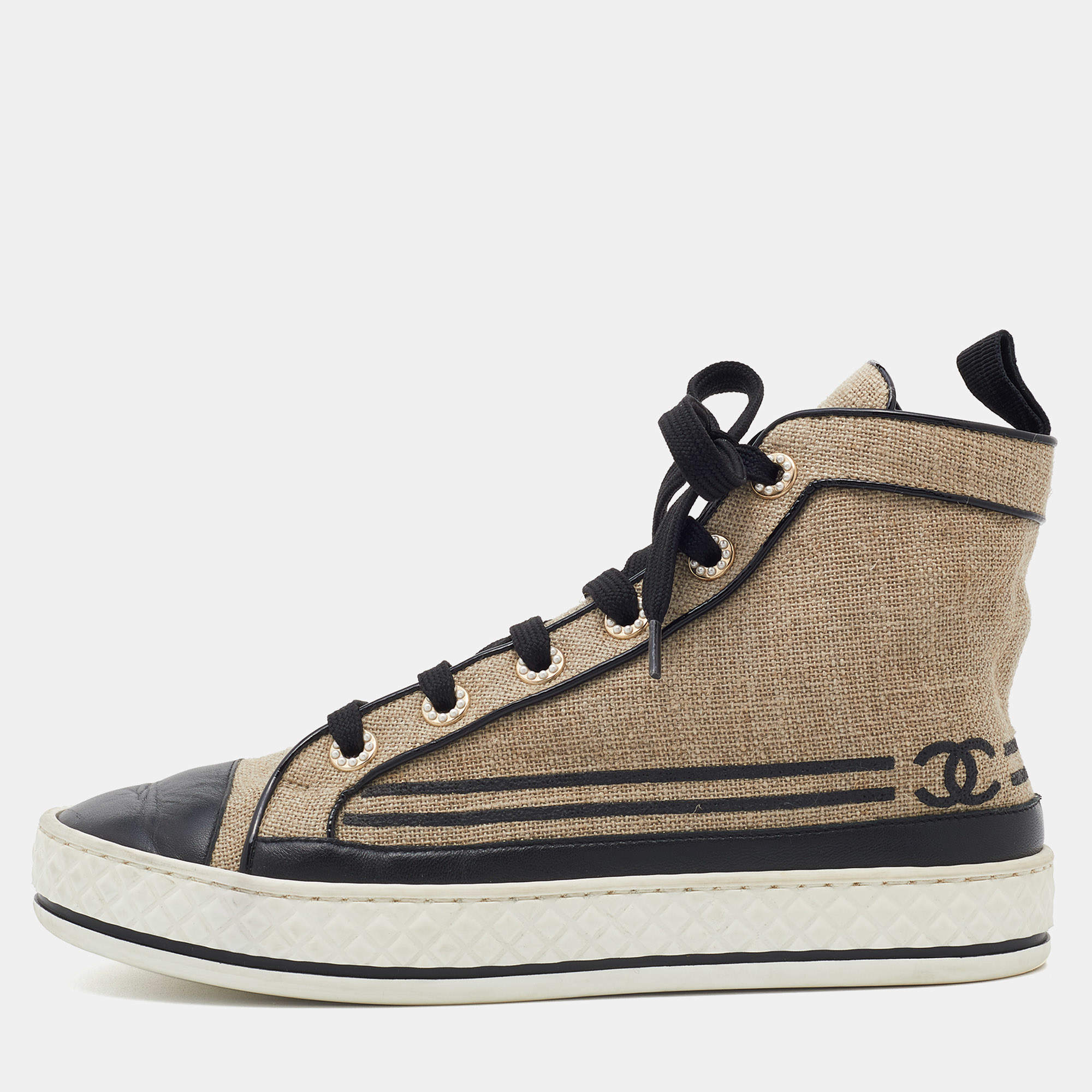 Chanel Beige/Black Jute and Leather CC Cap Toe High Top Sneakers Size 37  Chanel | TLC
