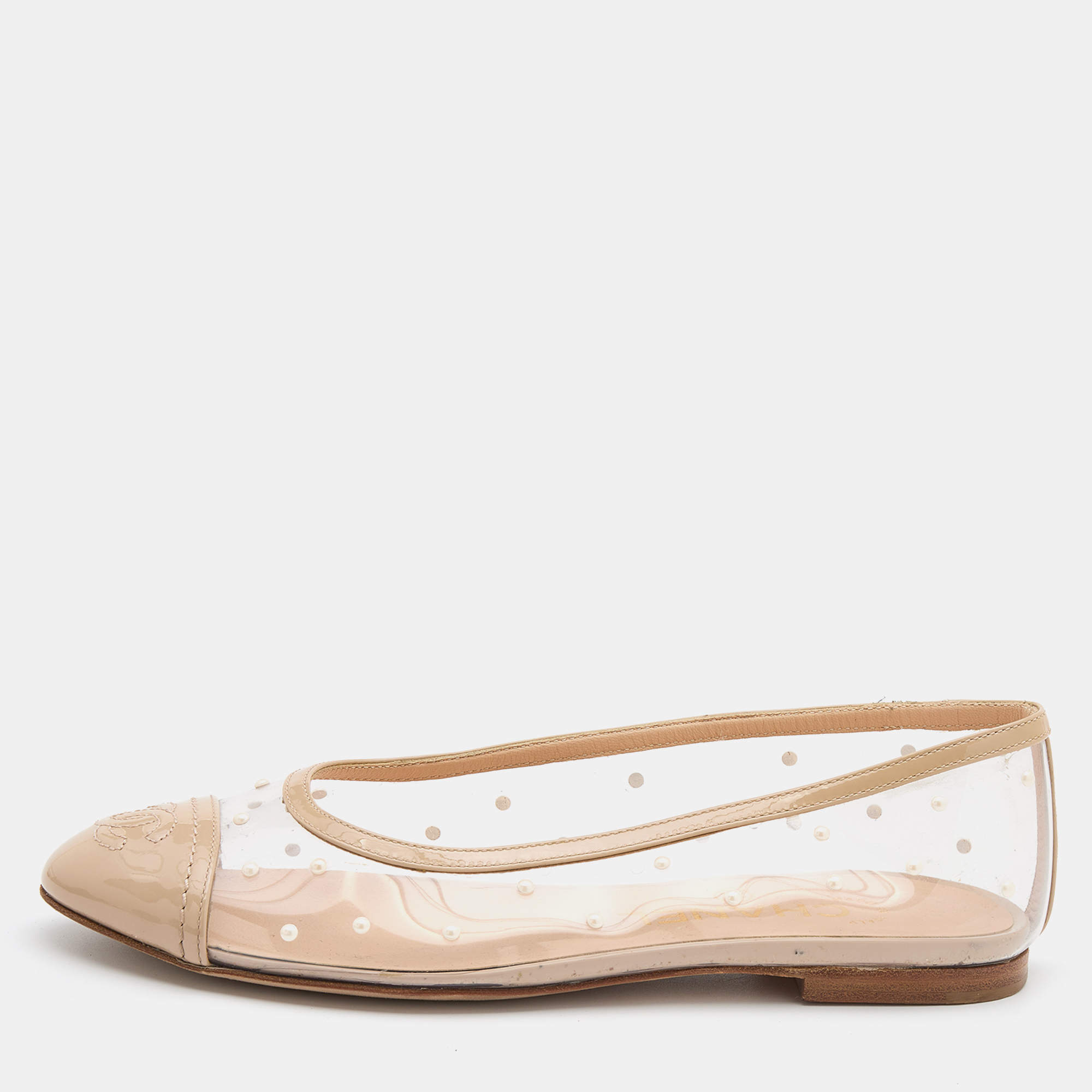 Pre Owned Chanel Beige Patent Leather and PVC Embellished Ballet Flats Size 35.5