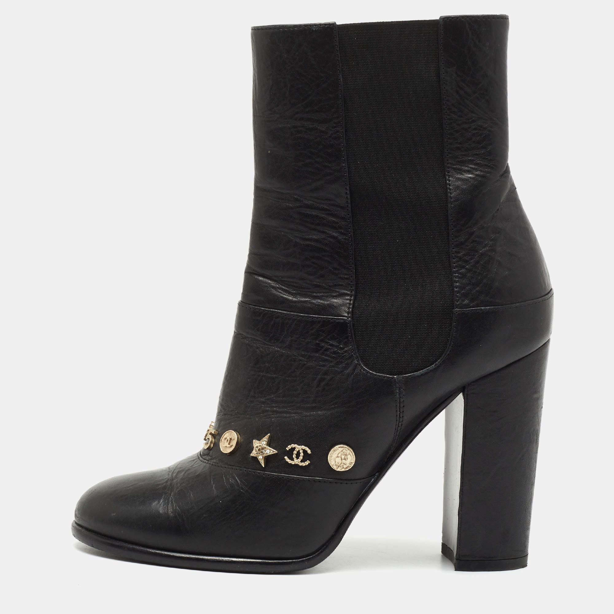 Chanel Black Leather Charm Ankle Boots Size 38