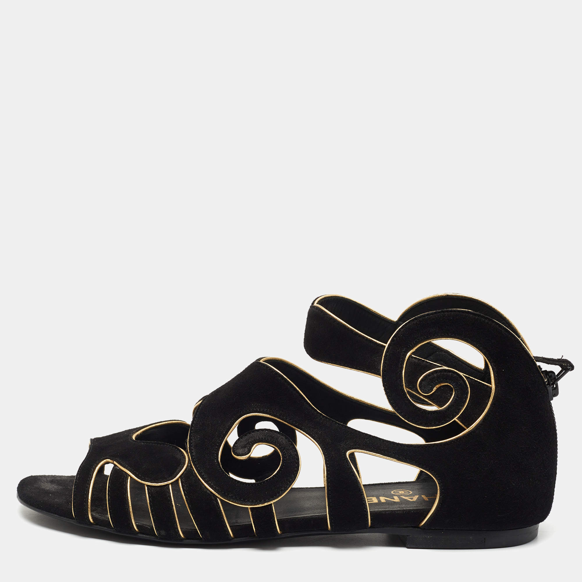 Chanel Black/Gold Suede Caged Flat Sandals Size 38